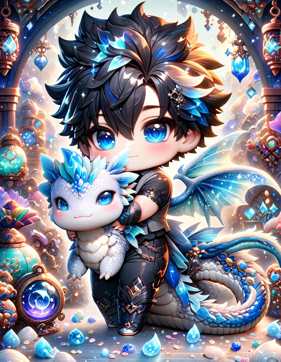 absurdres, highres, ultra detailed, HDR) master piece, best quality, Wriothesley chibi, black hair, expressive blue eyes, genshin impact, boy, cute, black shirt, gray vest, with accessories, hugging a white small dragon, jewelry, patterns, magical fantasy, blue butterflies, glittering, sparkling, blue lilies, petals, radiant