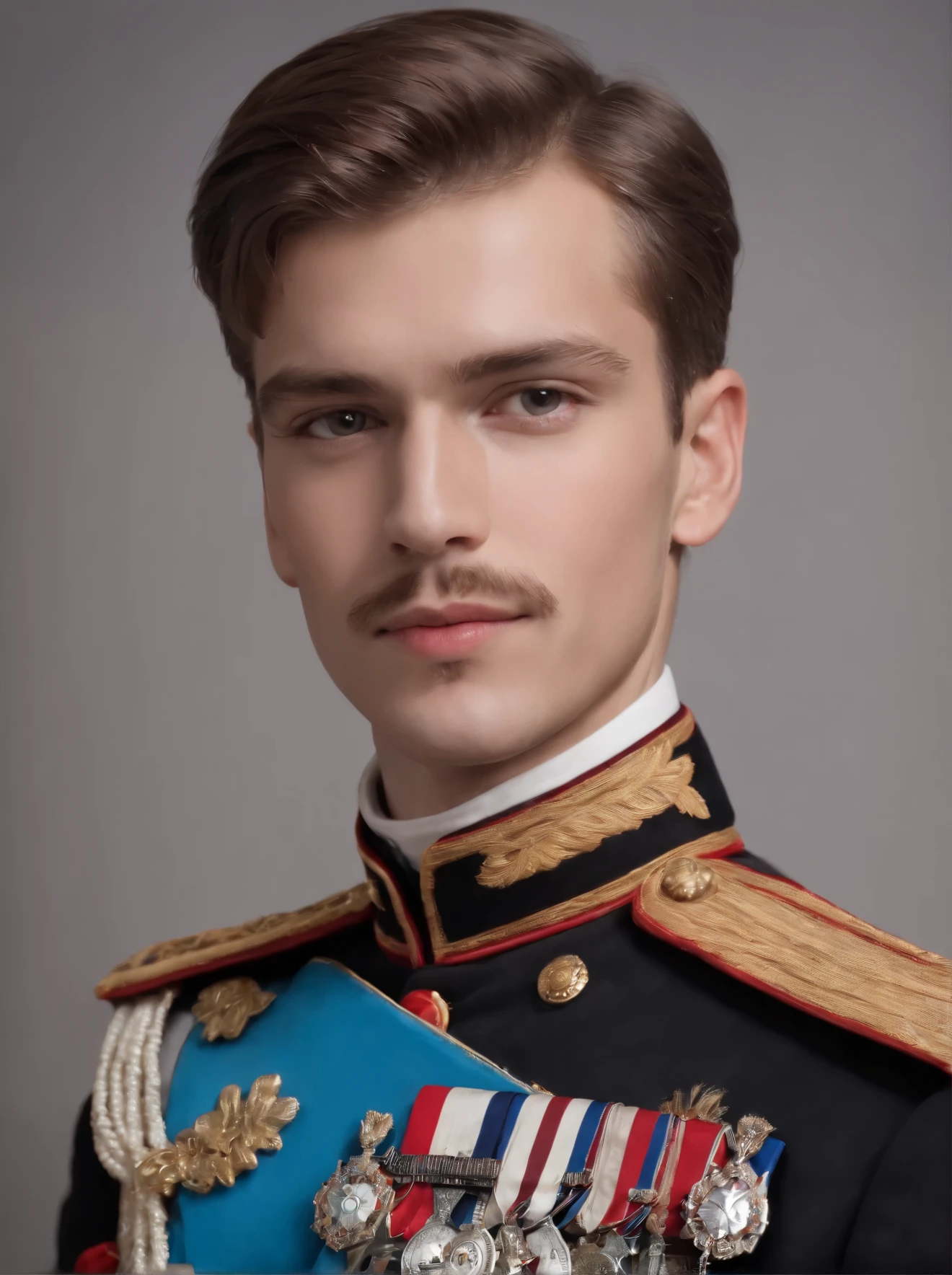 a close up of a man in a military uniform posing for a picture, young tsar, nicholas ii of russia, beautiful androgynous prince, great emperor of russian empire, delicate androgynous prince, imperial russia, beautiful young prince, president of belorussia, vladimir motsar, inspired by Serhii Vasylkivsky, roman shipunov