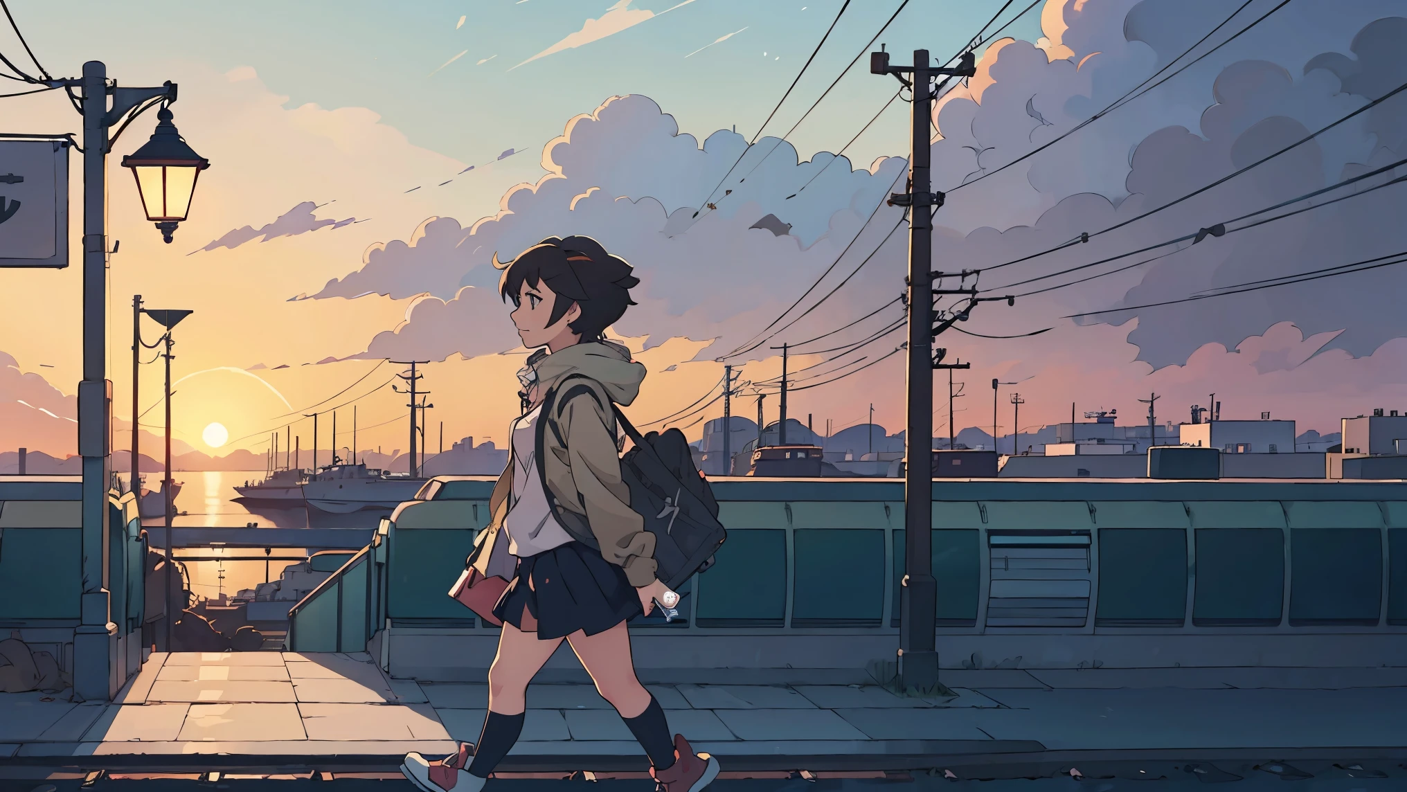 Chica anime con cabello largo caminando en una plataforma de tren., kantai collection style, railgun, Konpeki no Kantai, kantai collection gallery, cancolle, Estilo Makoto Shinkai, visual anime de una linda chica, makoto shinkai art style, hermosa chica de secundaria anime, estilo anime 4k, Obra oficial, shinkai makoto
