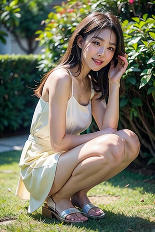 Japanese, , white dress, pee, pee, squat, open knees, shy face, red face, lifts skirt, pee comes out, a lot of pee comes out, legs spread, pee splashes , pee flowing, pee coming out, not wearing pants, not wearing underwear, embarrassed, happy, feels good, grass, daytime, bright, sunlight,