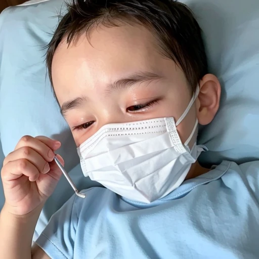 Handsome kindergarten boy with infectious disease、Appearance of suffering. He is wearing a white mask. He has a high fever. he is sleeping. He has a cough. He is exhausted. He is taking his temperature with a thermometer. He is dying. He is cooling his forehead with a cooling gel sheet..Are crying