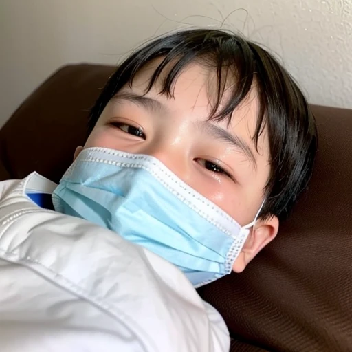 Handsome kindergarten boy with infectious disease、Appearance of suffering. He is wearing a white mask. He has a high fever. he is sleeping. He has a cough. He is exhausted. He is taking his temperature with a thermometer. He is dying. He is cooling his forehead with a cooling gel sheet..Are crying