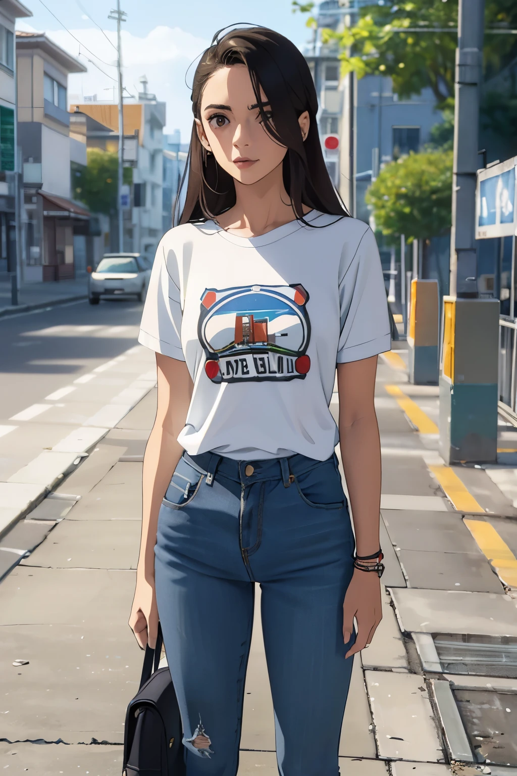 la mejor calidad, cuerpo completo como,cara refinada,20 year old university student,cuerpo delgado,smaller bust,camiseta corta blanca,Pantalones cortos ultra denim sin cintura,escena callejera,Stand tall