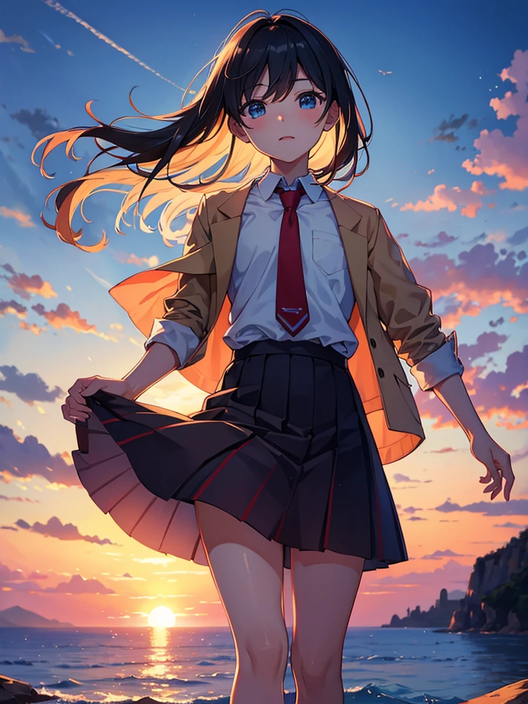 highest quality、masterpiece、Sunset sky、One boy、High 、tie
