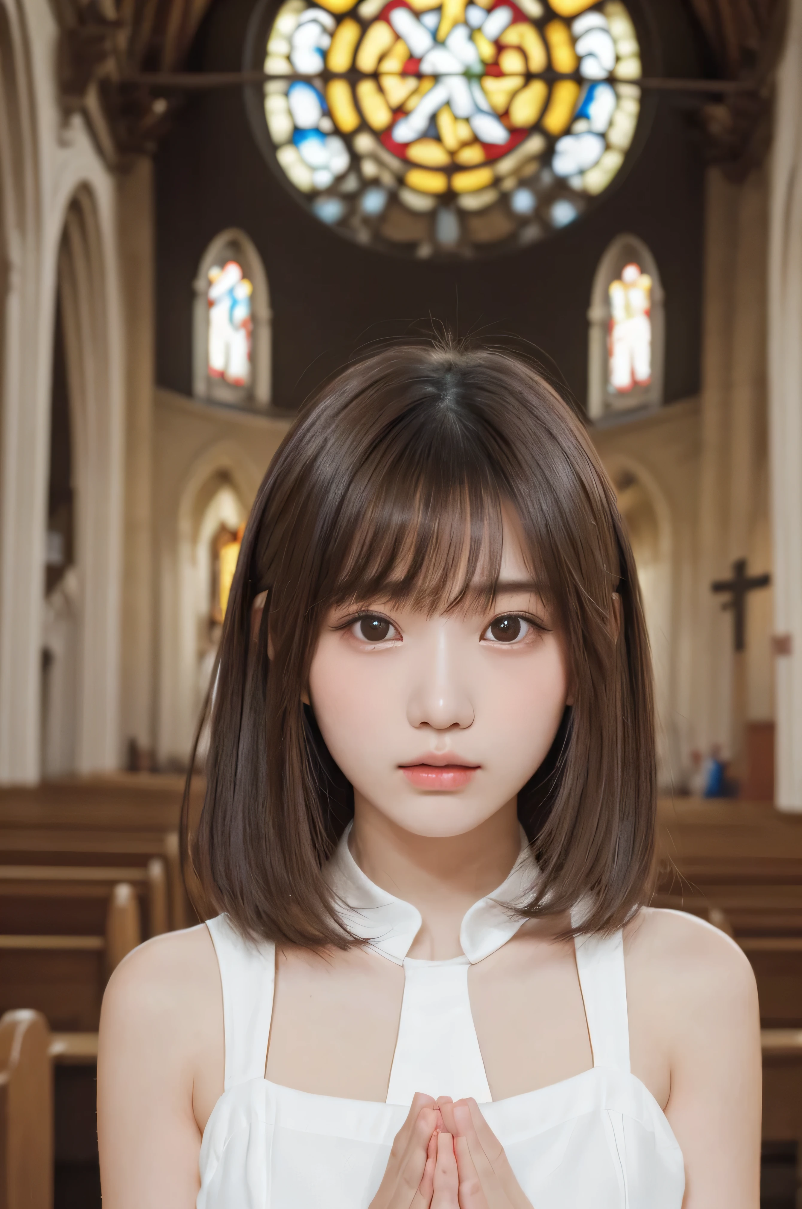 masterpiece, highest quality, One Girl, (Beautiful girl, Delicate girl:1.3), (15 years old:1.3), Very fine grain definition, (Symmetrical eyes:1.3), (Inside the church, younger sister, Pray to God:1.3), Small breasts, Brown eyes, Parted bangs, Brown Hair