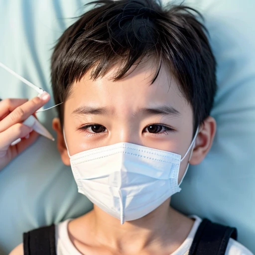 Handsome kindergarten boy with infectious disease、Appearance of suffering. He is wearing a white mask. He has a high fever. he is sleeping. He has a cough. He is exhausted. He is taking his temperature with a thermometer. He is dying. He is cooling his forehead with a cooling gel sheet..Are crying