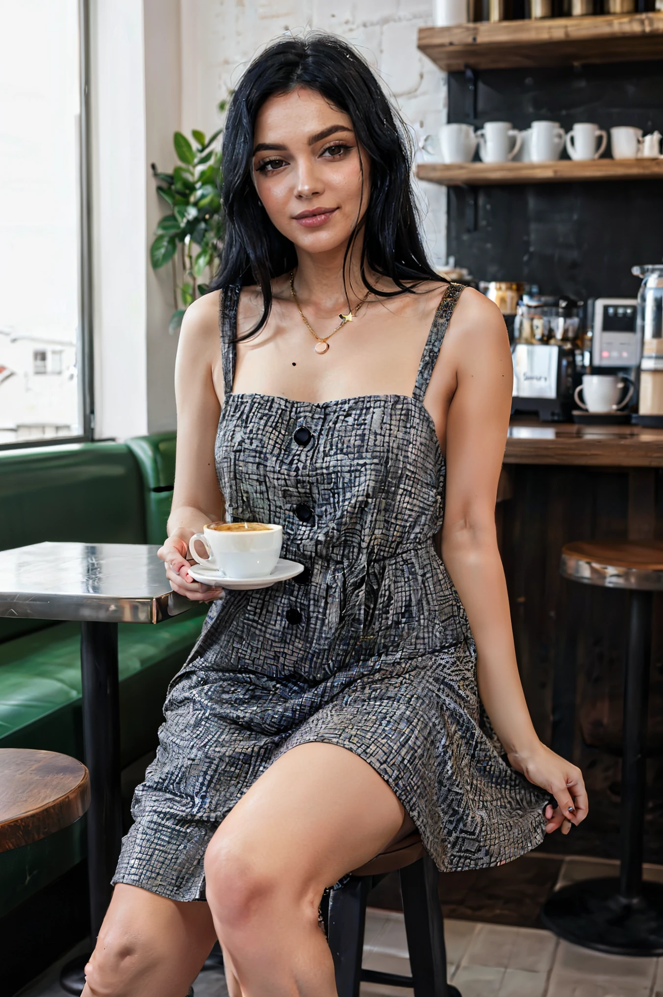 beautiful turkish woman with black hair in a dress in a cafe, normcore, dark silver and dark gold, happycore, focus on joints/connections, effortlessly chic, palewave