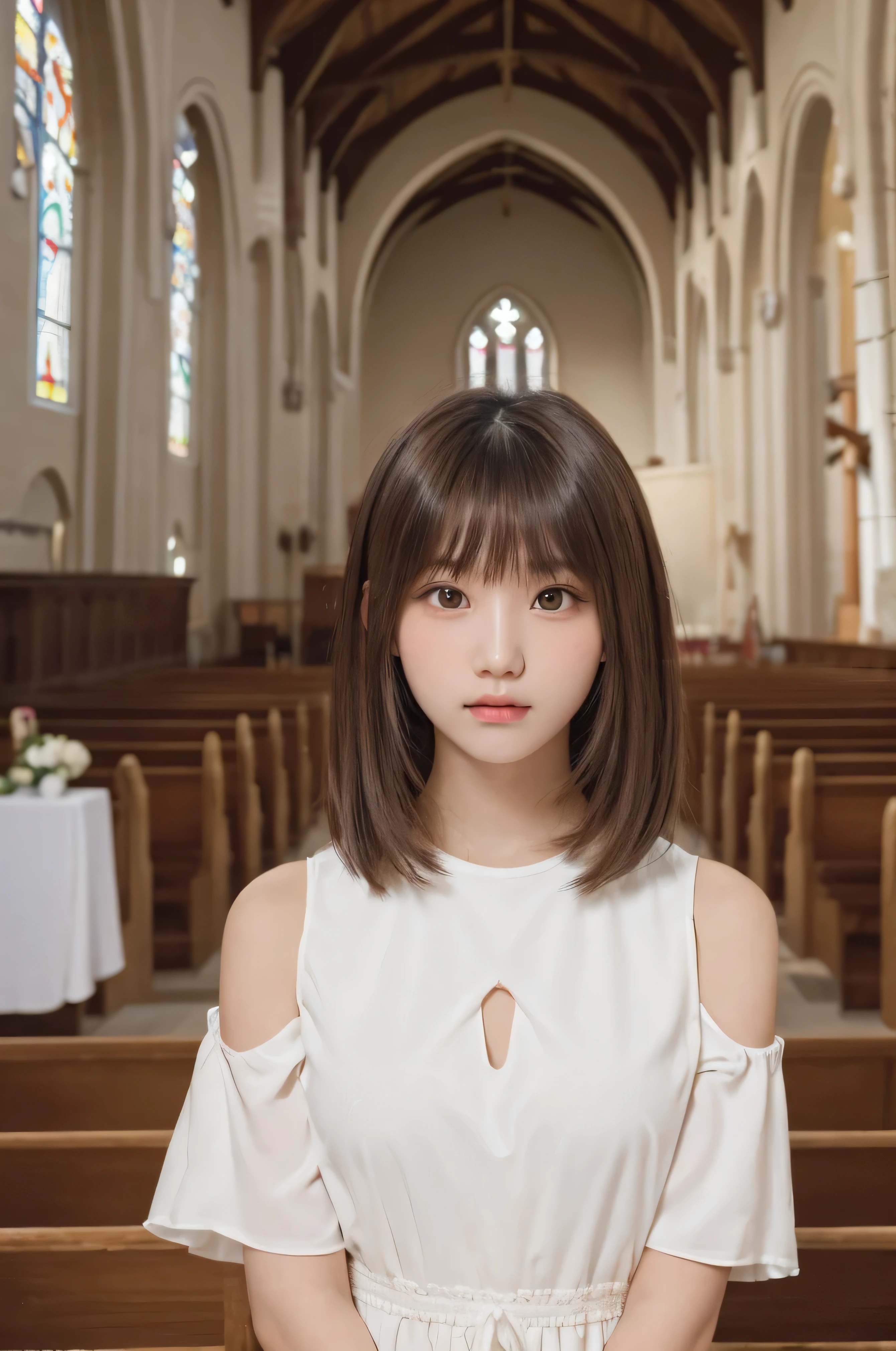 masterpiece, highest quality, One Girl, (Beautiful girl, Delicate girl:1.3), (15 years old:1.3), Very fine grain definition, (Symmetrical eyes:1.3), (Inside the church, younger sister, Pray to God:1.3), Small breasts, Brown eyes, Parted bangs, Brown Hair
