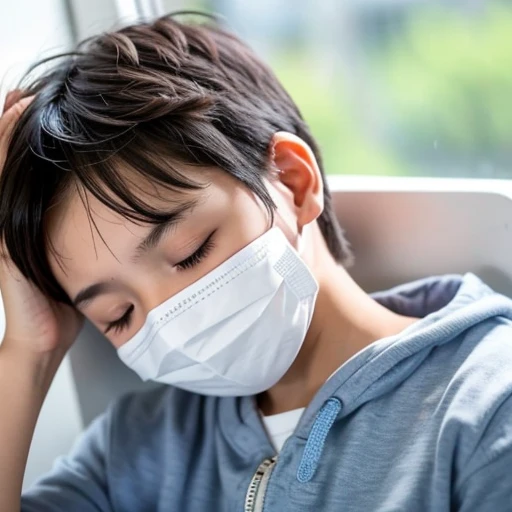 Handsome kindergarten boy with infectious disease、Appearance of suffering. He is wearing a white mask. He has a high fever. he is sleeping. He has a cough. He is exhausted. He is taking his temperature with a thermometer. He is dying. He is cooling his forehead with a cooling gel sheet..Are crying