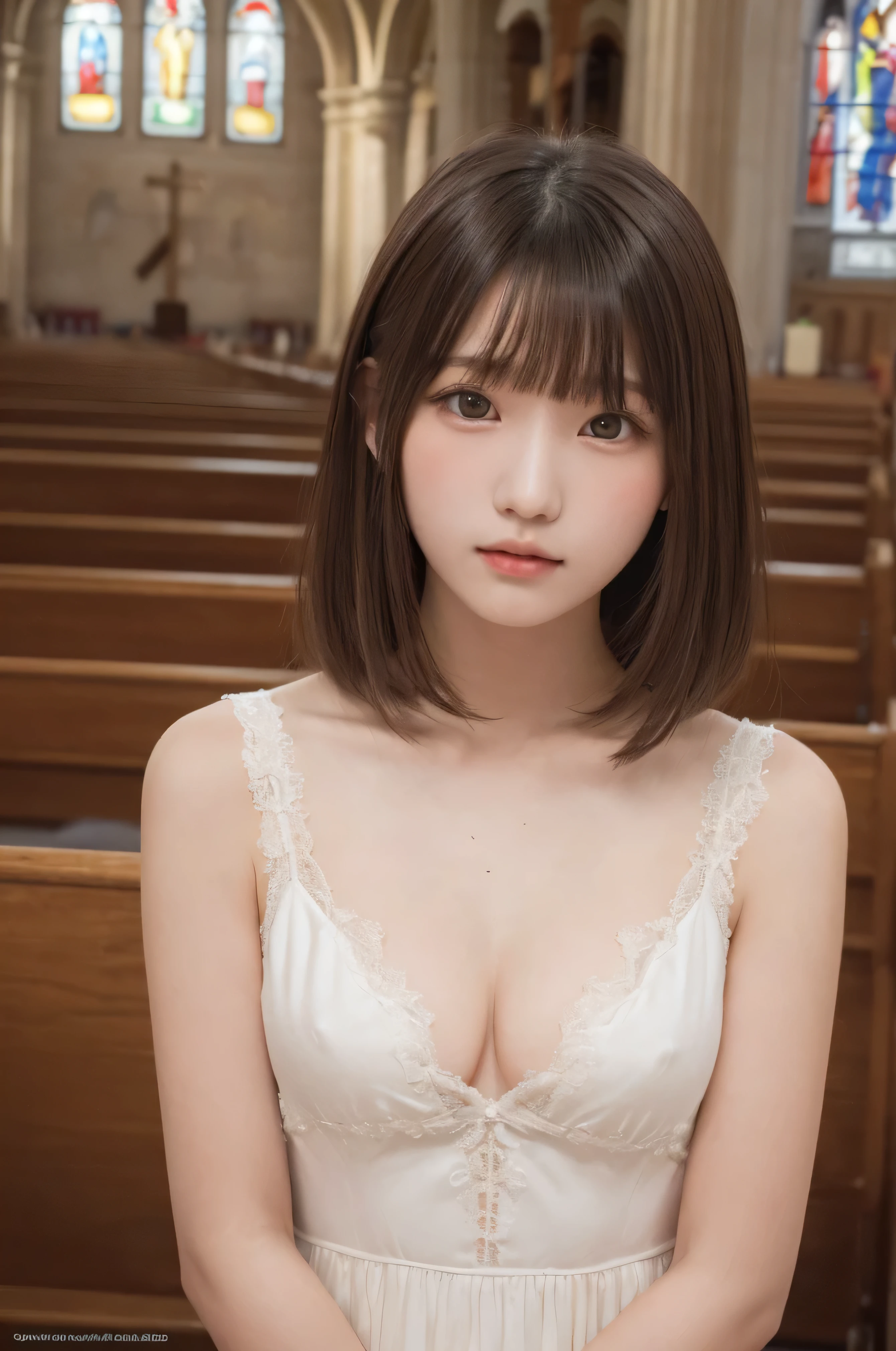 masterpiece, highest quality, One Girl, (Beautiful girl, Delicate girl:1.3), (:1.3), Very fine grain definition, (Symmetrical eyes:1.3), (Inside the church, younger sister, Pray to God:1.3), Small breasts, Brown eyes, Parted bangs, Brown Hair