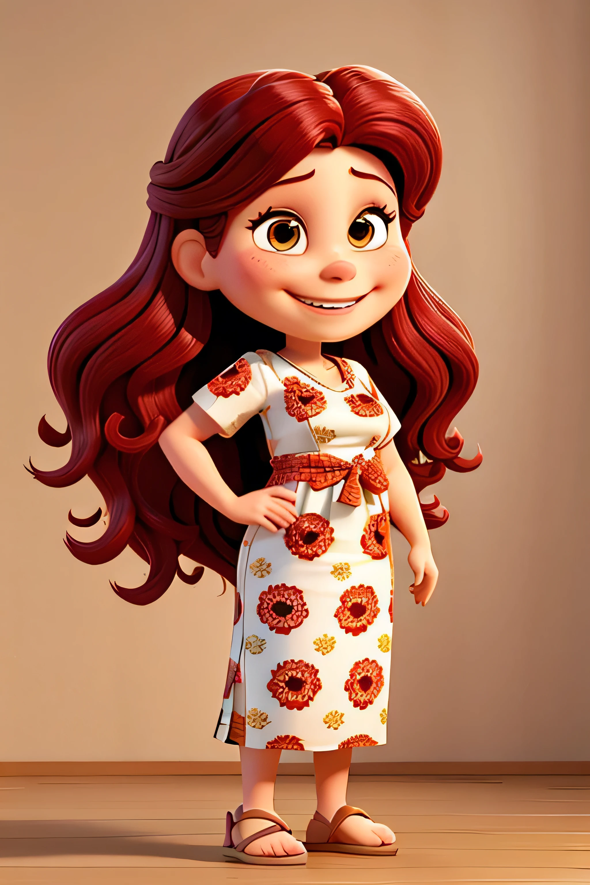 A 40 year old woman who is a smiling beauty with long half wavy hair that is red at the ends and dark on top, mulher havaiana parda, segurando flores, sem fundo, The humor is delicate, confidencial, amoroso, feliz, luz diurna, Design de personagem.