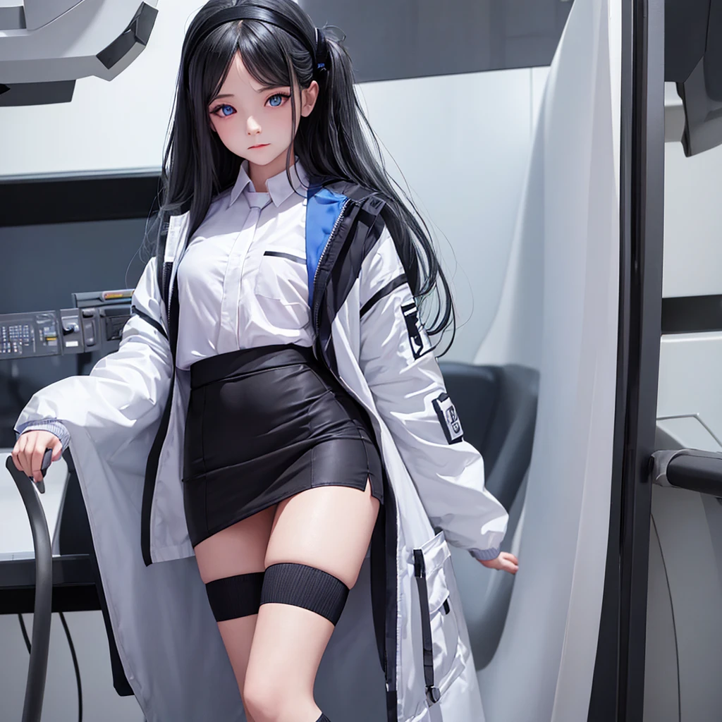 1 girl, Solitary, Yousu, blue_file, Black Hair, Purple Eyes, cold expression, Oversized white shirt, mini skirt, Black knee-length socks, The background is a laboratory, Neo-futurism