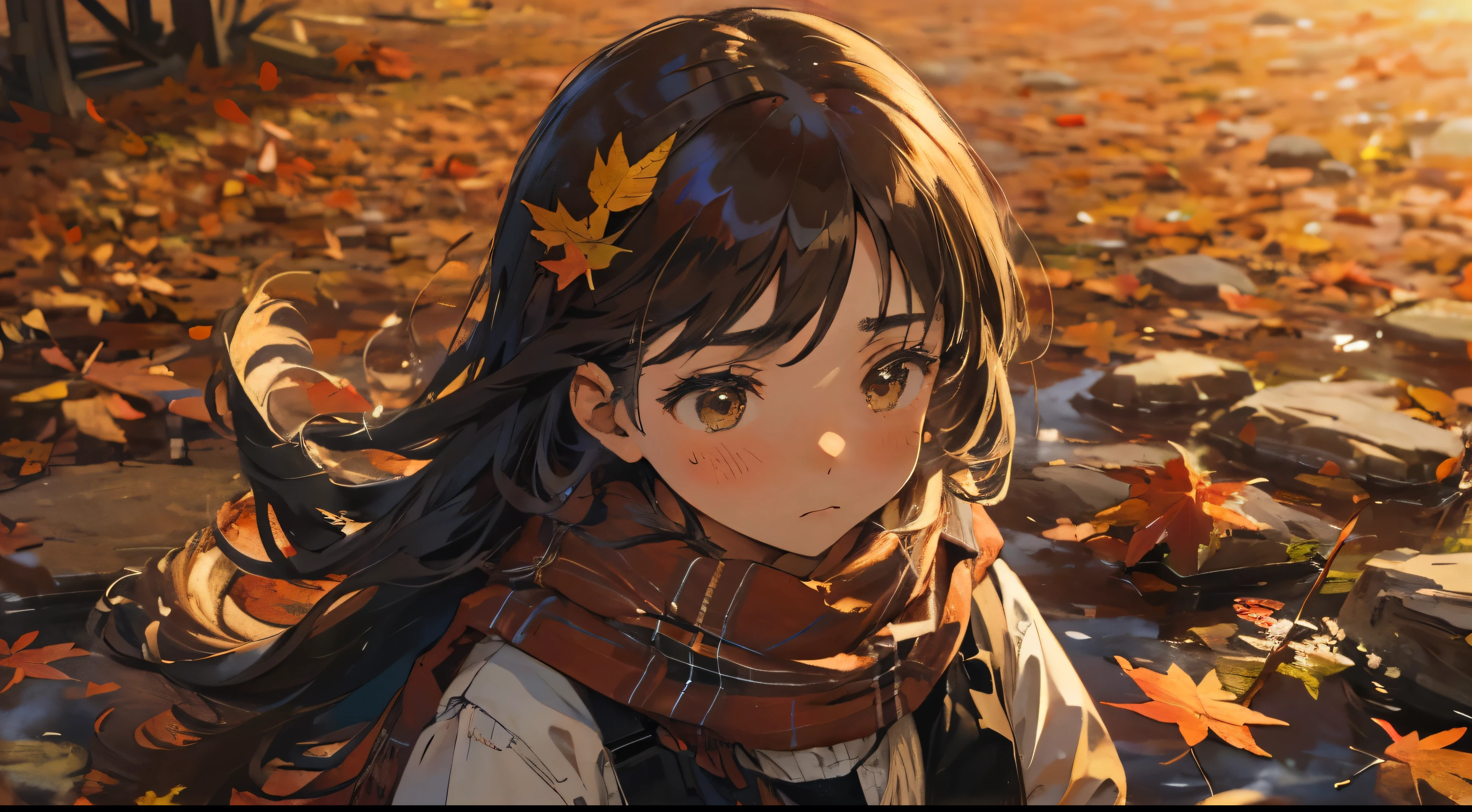 (((beautiful detailed, ultra-detailed))), 1girl, solo, long hair, Sad face, brown eyes, scarf, plaid, autumn leaves, leaf, Composition looking down from above,