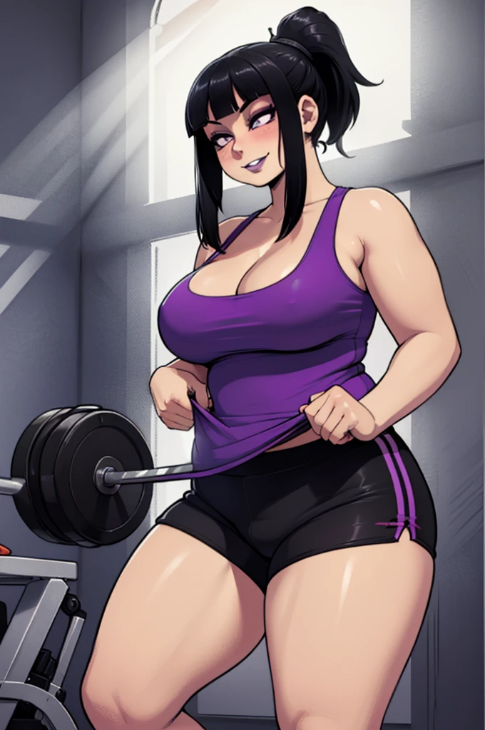 high_aesthetic,art by Lazorchef, ((Masterpiece, best quality, perfect lighting, amazing shading)), perfect anatomy, field of depth, extremely beautiful, long black hair, straight hair, bangs and ponytail, (tight purple gym shorts), (plump), black tank top, (goth girl), smiling, (cleavage), blushing, working out, gym background, detailed background