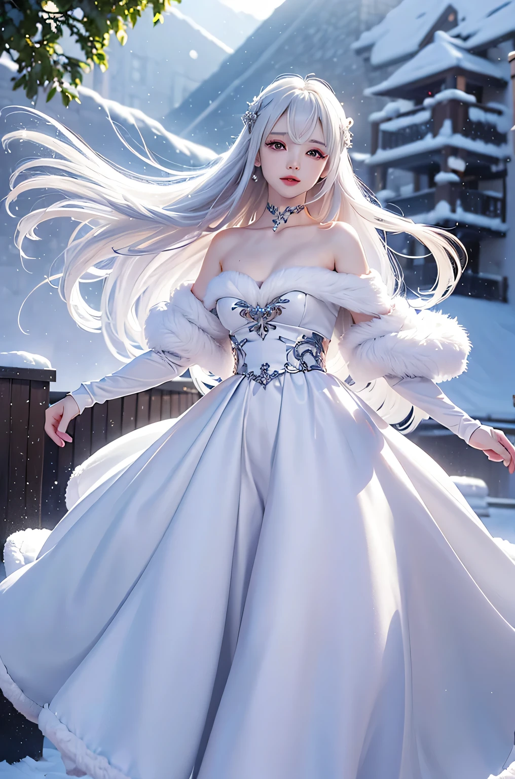 (Close-up)((masterpiece:1.5、8k、Tabletop、Photorealistic and very detailed CG、Very detailed、Particle Effects、Dynamic Effects、Written boundary depth、Cinematic Light、Lens flare、Ray Tracing、Tabletop、Realistic:1.4、超A high resolution、Realistic、Realistic))((alone、,Woman wearing a fur coat over an off-the-shoulder dress:1.4、Elegant woman posing:、Detailed face、brightexpression、young, bright, Whiter skin、medium beauty breasts、Best Looks、Ultimate beauty、White hair with shiny highlights、Bright, shiny, super long straight hair、Hair dancing in the wind))(morning、The setting is outdoors in the snow、Snowflakes flutter)
