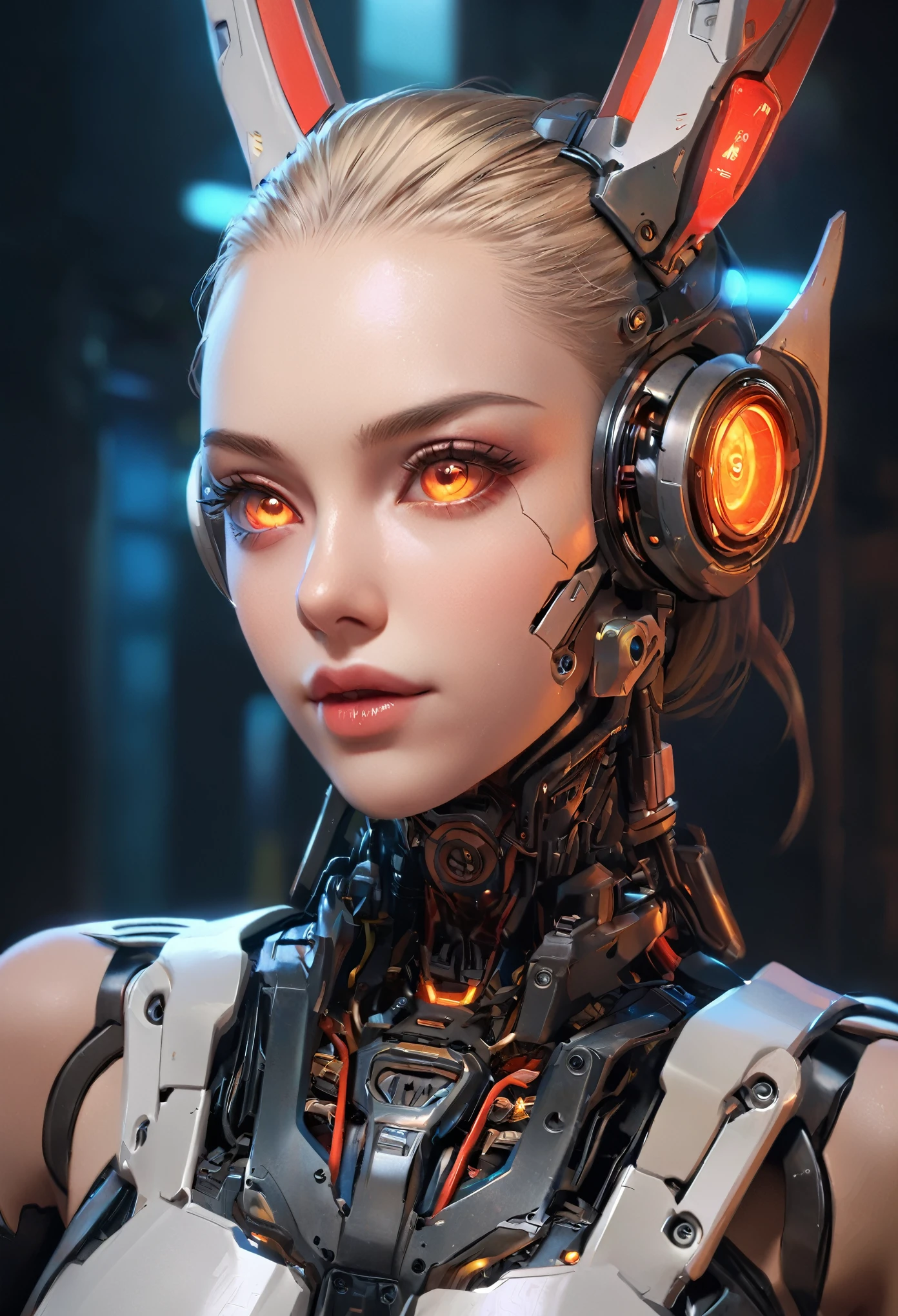 (best quality,4k,highres,masterpiece:1.2),ultra-detailed,(realistic,photorealistic:1.37), a beautiful cyborg girl with rabbit features, long ears, highly detailed face, beautiful detailed eyes, beautiful detailed lips, extremely detailed face, long eyelashes, intricate mechanical body parts, cyberpunk, science fiction, futuristic, glowing eyes, android, cinematic lighting, vibrant colors, dramatic lighting