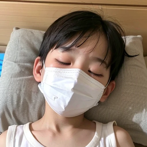 Handsome kindergarten boy with infectious disease、Appearance of suffering. He is wearing a white mask. He has a high fever. he is sleeping. He has a cough. He is exhausted. He is taking his temperature with a thermometer. He is dying. He is cooling his forehead with a cooling gel sheet..Are crying
