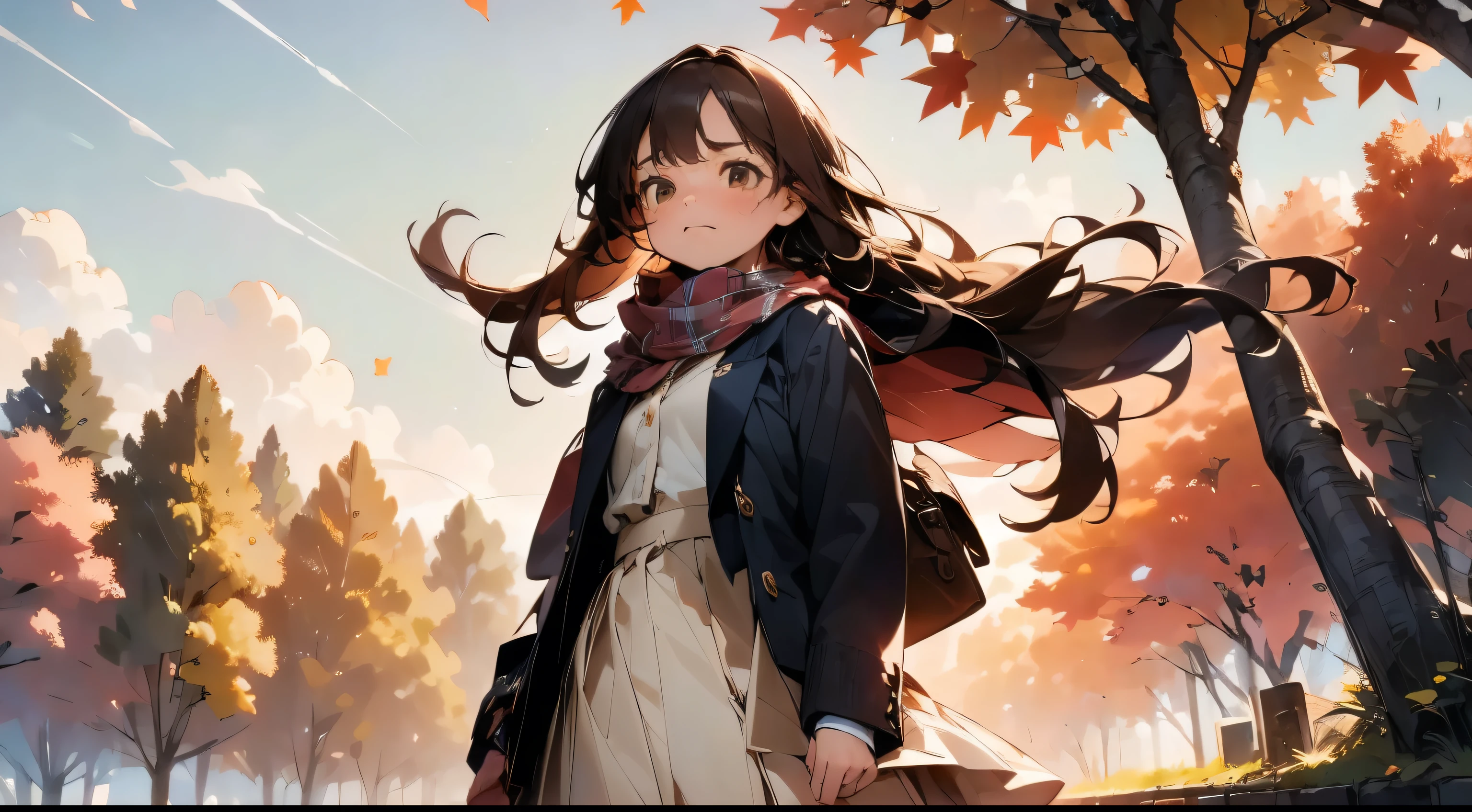 (((beautiful detailed, ultra-detailed))), 1girl, solo, sad face, face looking up at the sky, standing posture, Composition up to the knees, long hair, long skirt, bag, brown eyes, brown hair, scarf, plaid, leaf, tree, autumn, autumn leaves, wind, Composition looking up from below,