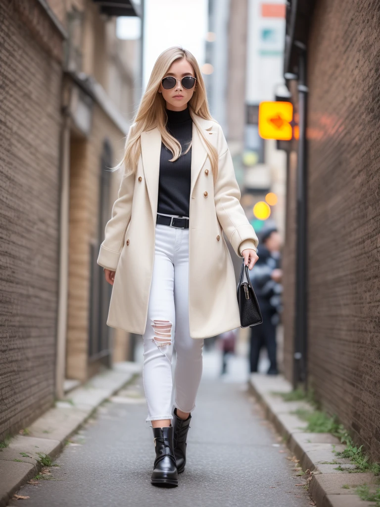 Woman with long blond hair, hapiness, White jeans, Long white coat, belt, bracelet, Leather Case, rivet, Walking on the city streets，There was an explosion behind me, night, poster.