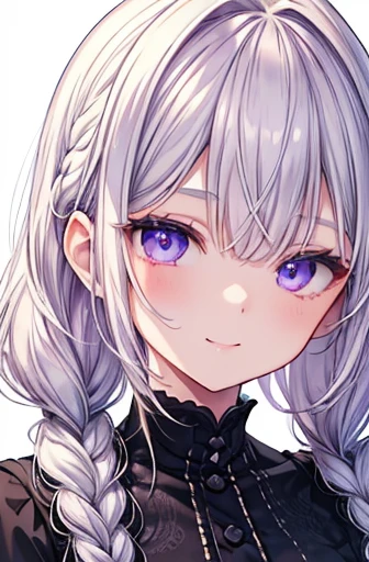(​masterpiece),(top-quality),(ultra-detailliert),hight resolution,in 8K animation,1girl,platinum hair,twin braid hair,violet eyes,(round eyes),By bangs,gently smile,(beautifull detailed face),(beatiful detailed eyes)