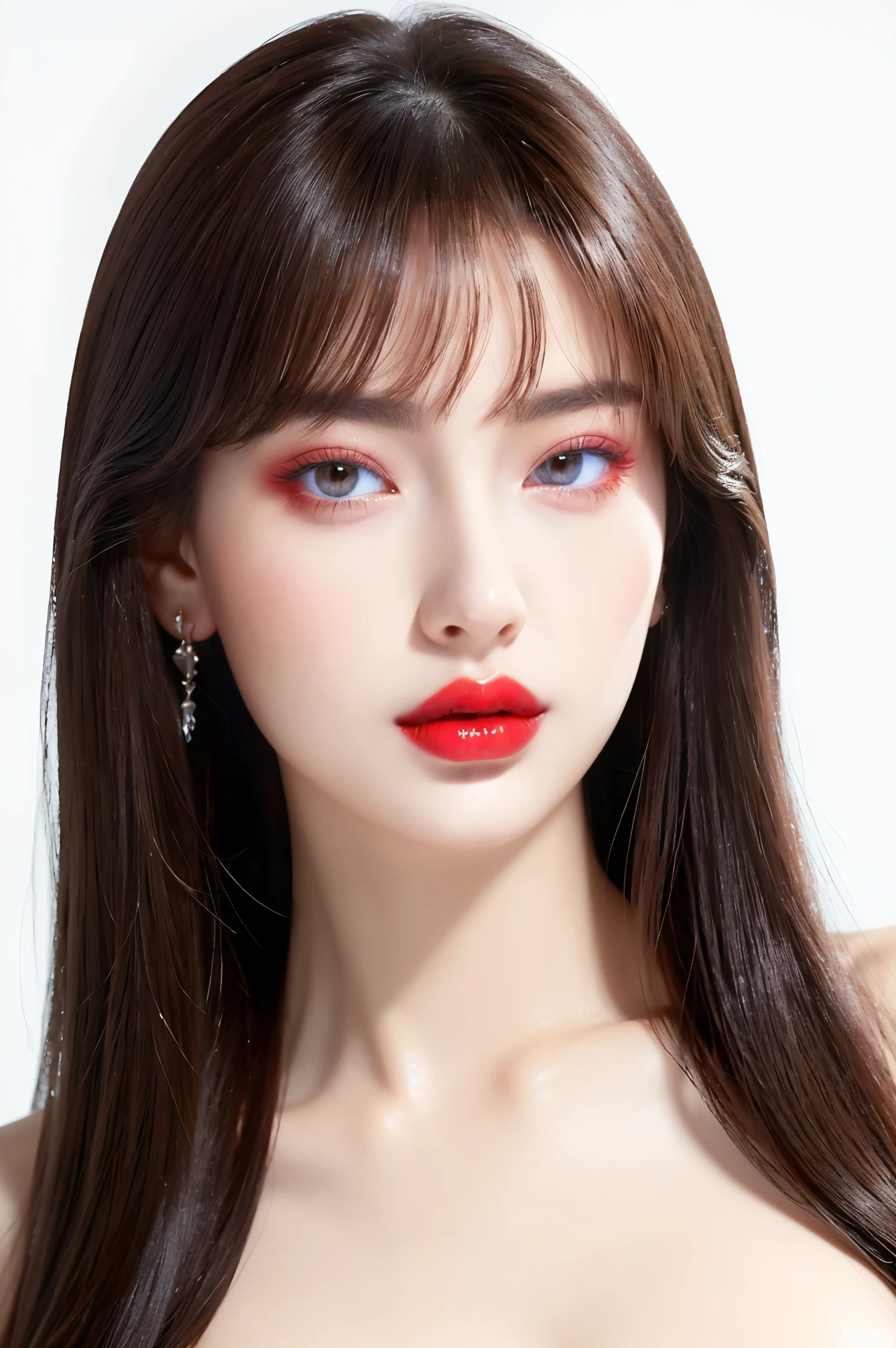 ((highest quality、8K resolution、Masterpiece、Professional photography)), Photorealistic, pretty girl、(Face close-up:1.7)、(nude:1.5)、(Pure white background:1.3)、(Advertising images:1.1)、Standing Elegantly、clavicle、(Very Long Straight Hair:1.1)、(With bangs:1.1)、Long Hair、(Look at me:1.1)、Dark red lipstick、(Fully closed lips:1.2)、Smile slightly、Perfect Makeup、eye shadow、(Ultra-high resolution glossy skin:1.1)、The most detailed face、Standing Elegantly、Perfect fit for your face、完璧な美しいeye shadow, Sparkling eyes、Big eyes、Natural shoulder width、Look forward