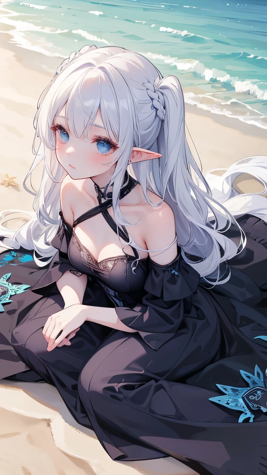 （Hand optimization），（Details are strengthened），（High Picture Quality）,RAW photo , insanely detailed, highest quality, high resolution, solo,break、(contrast:1), full body、 Seen from directly above, lying in a field of flowers, back on the floor、Seductive pose、blue eyes、 (((white hair Beach waves hairstyle ))), (cosmetics), White effect,  ((night)) 、 break、Vampire Castle, detailed background,, moon、 break、Antonio Riva dress:1.1,dress made of slightly transparent fabric:1.3、(extremely intricate:1.2), high fantasy, beautiful face, pointy ears, break,background, monochrome, greyscale, barefoot, break、outdoor