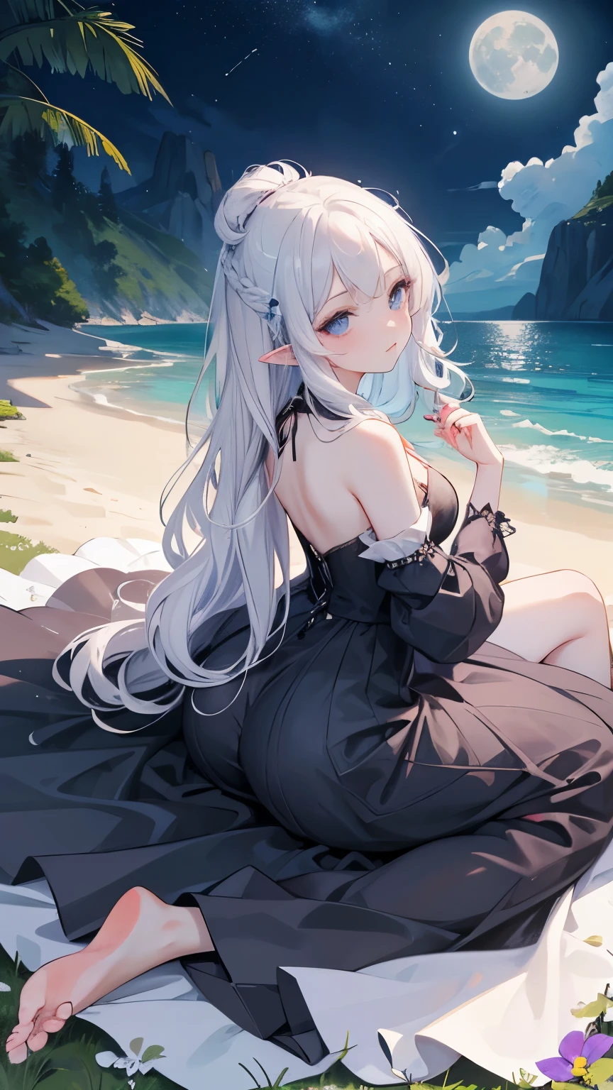 (Hand optimization),(Details are strengthened),(High Picture Quality),RAW photo , insanely detailed, highest quality, high resolution, solo,break、(contrast:1), full body、 Seen from directly above, lying in a field of flowers, back on the floor、Seductive pose、blue eyes、 (((white hair Beach waves hairstyle ))), (cosmetics), White effect, ((night)) 、 break、Vampire Castle, detailed background,, moon、 break、Antonio Riva dress:1.1,dress made of slightly transparent fabric:1.3、(extremely intricate:1.2), high fantasy, beautiful face, pointy ears, break,background, monochrome, greyscale, barefoot, break、outdoor