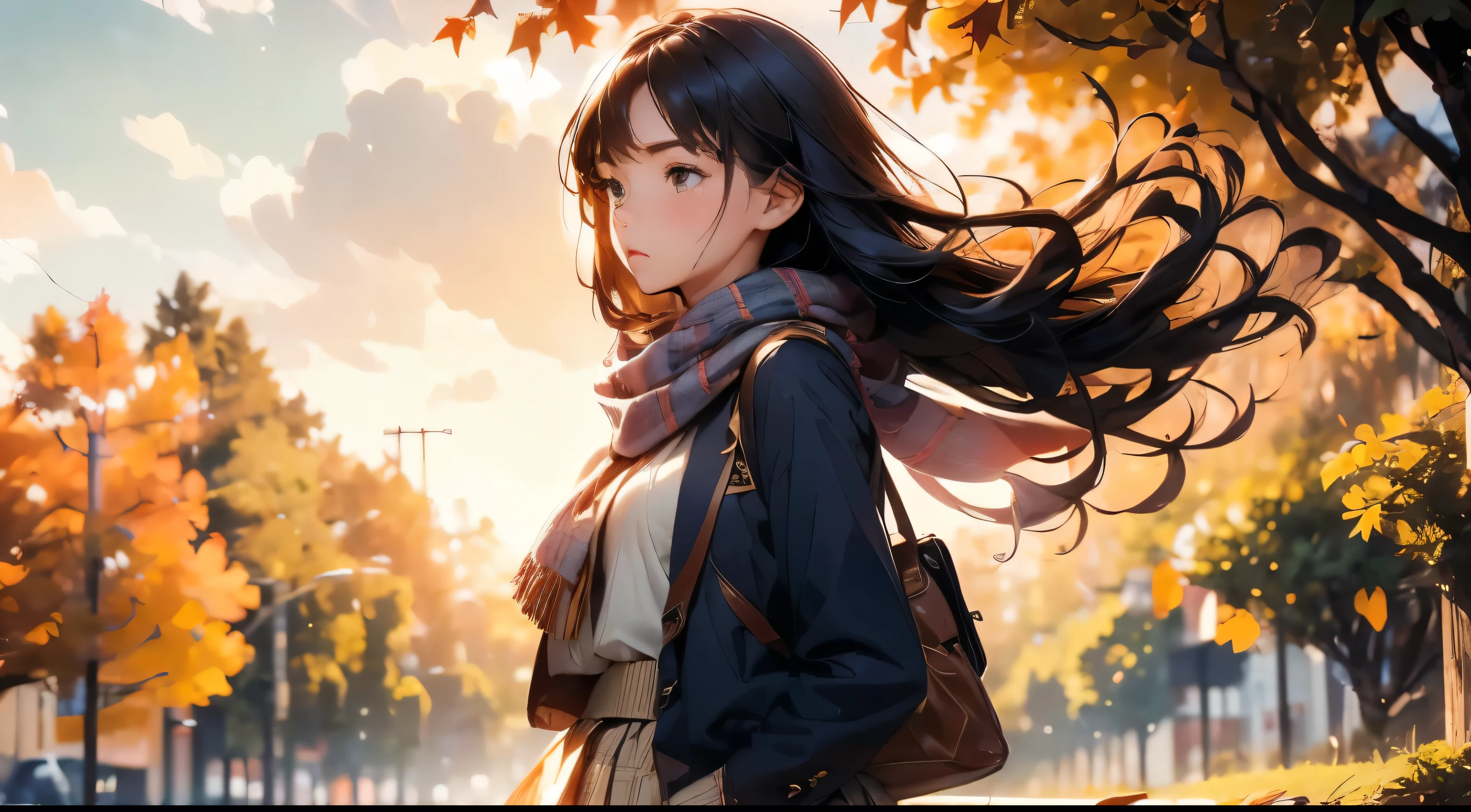 (((beautiful detailed, ultra-detailed))), 1girl, solo, sad face, face looking up at the sky, standing posture, Composition up to the knees, long hair, long skirt, bag, brown eyes, brown hair, scarf, plaid, leaf, tree, autumn, autumn leaves, wind, Composition looking up from below,