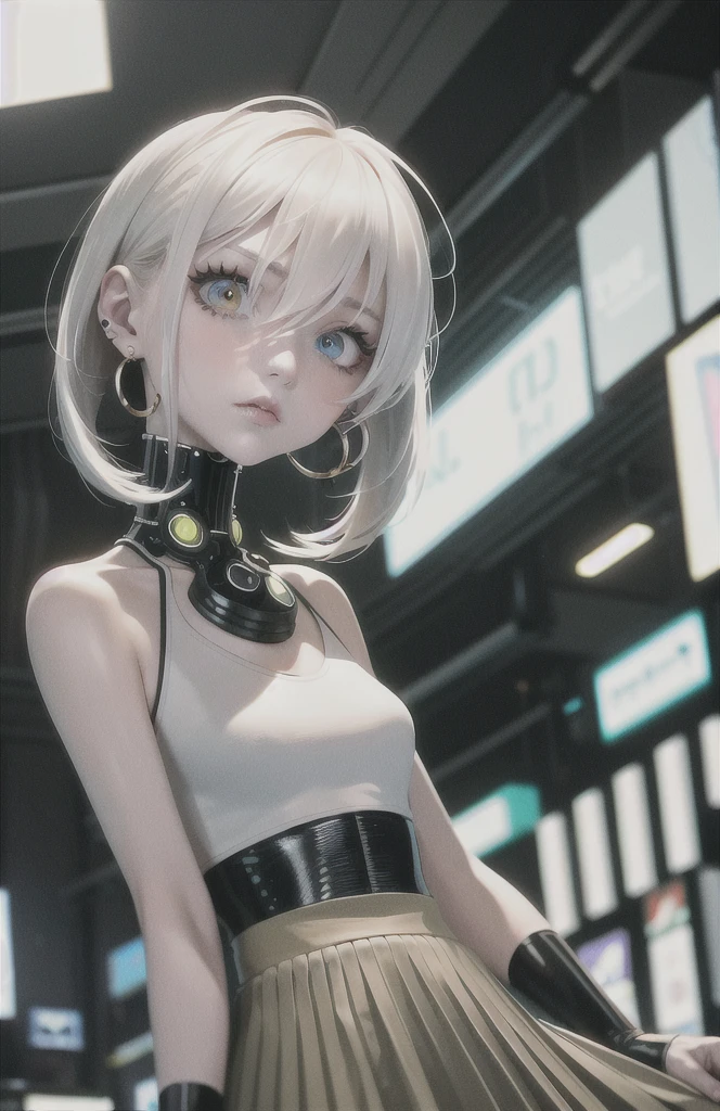 the best, masterpiece, high resolution, the best Quality, Ultra high quality, Super Detail, Awards, 16K, Solitary, (Upper Body), Anatomically correct, Beautiful girl, Cute face, emphasize, Beige Gradient Hair, Hair, ((Heterochromia)), Long eyelashes, Hanging Angle, White skin, (small), (slim), ((cyberpunk clear coat)), ((Cyberpunk style pleated skirt)), Earrings, (Neck Ring), Very, Very Short Gloves