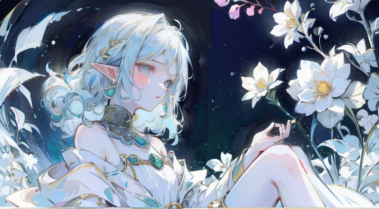 (masterpiece),(boy),one person, highest quality, highest quality,(neutral),(Rainbow Eyes),Transparent light blue hair,Longer short layers,The nape is short,Tie your hair back from around your shoulders.,Curly hair with rounded ends,A little elf ear hair accessory with cosmos,A gorgeous yet simple dress-like outfit that evokes nature,White flower decoration on clothes,Emerald crystal earrings,White skin,mysterious,Spirit God,Dairy-free,Holiness,Shine