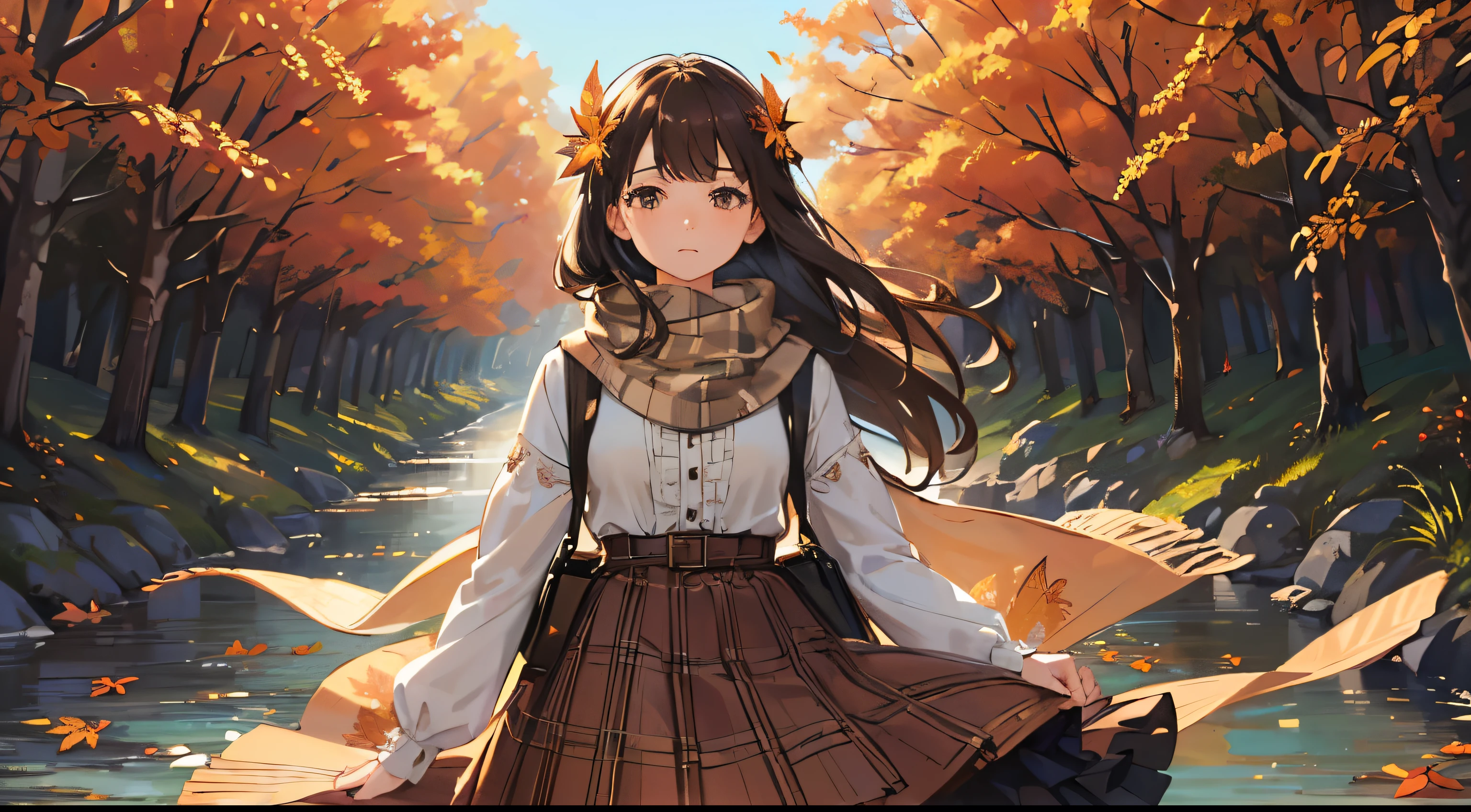 (((beautiful detailed, ultra-detailed))), (masterpiece:1.2) , (best quality:1.2) , (ultra-detailed:1.2), 1girl, solo, sad face, face looking up at the sky, standing posture, Composition up to the knees, long hair, long skirt, bag, brown eyes, brown hair, scarf, plaid, leaf, tree, autumn, autumn leaves, wind, Composition looking up from below, 
