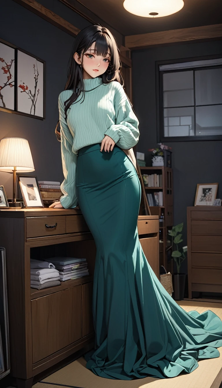 (masterpiece,highest quality,超A high resolution),Japanese women, (((Very beautiful 25 year old girl))),Mermaid-style high-waisted long skirt、The skirt fits snugly to the body、Long sleeve sweater、Dark Room