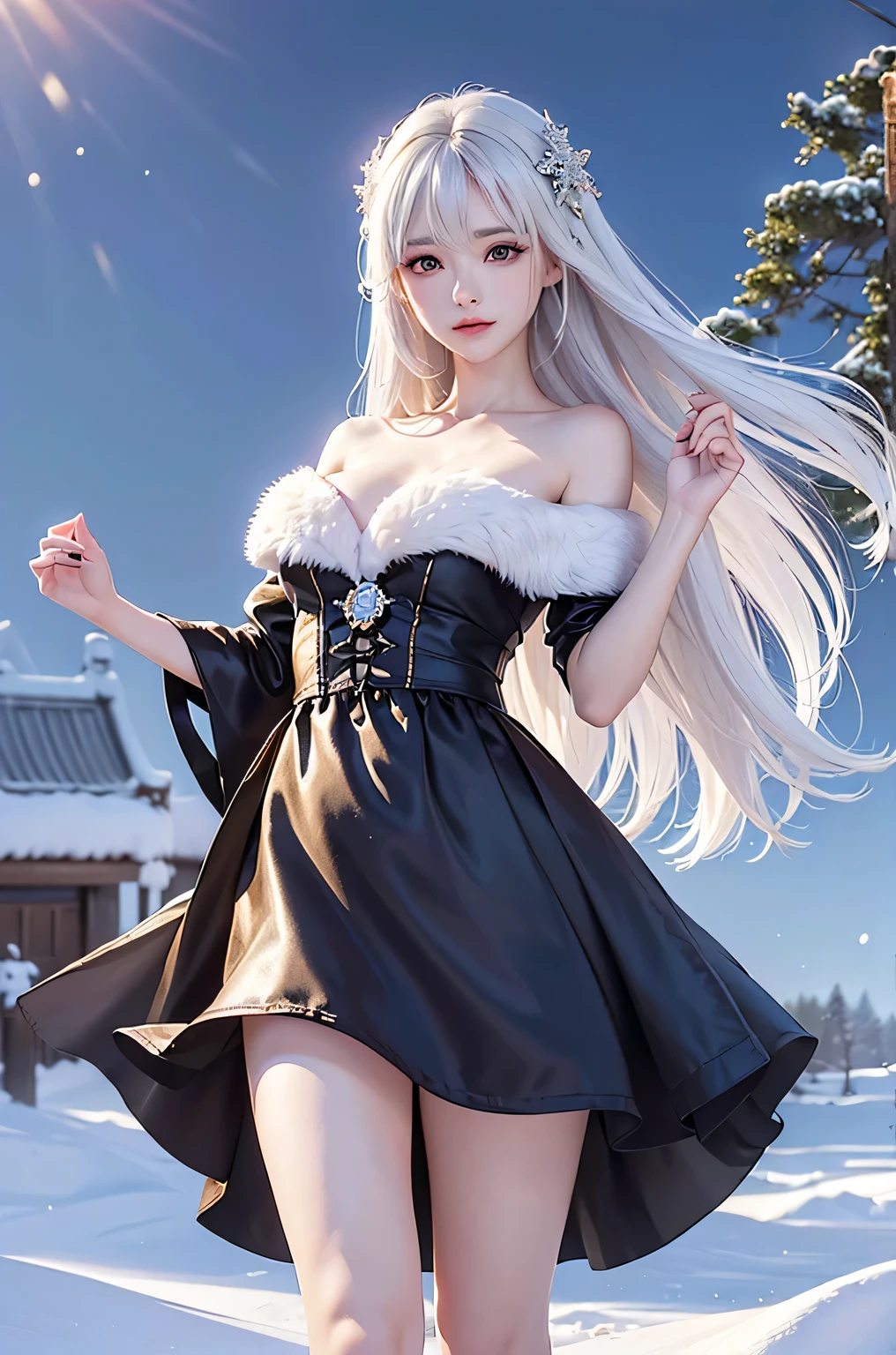 (Close-up)((masterpiece:1.5、8k、Tabletop、Photorealistic and very detailed CG、Very detailed、Particle Effects、Dynamic Effects、Written boundary depth、Cinematic Light、Lens flare、Ray Tracing、Tabletop、Realistic:1.4、超A high resolution、Realistic、Realistic))((alone、,Woman wearing a fur coat over an off-the-shoulder dress:1.4、Elegant woman posing:、Detailed face、brightexpression、young, bright, Whiter skin、medium beauty breasts、Best Looks、Ultimate beauty、White hair with shiny highlights、Bright, shiny, super long straight hair、Hair dancing in the wind))(morning、The setting is outdoors in the snow、Snowflakes flutter)