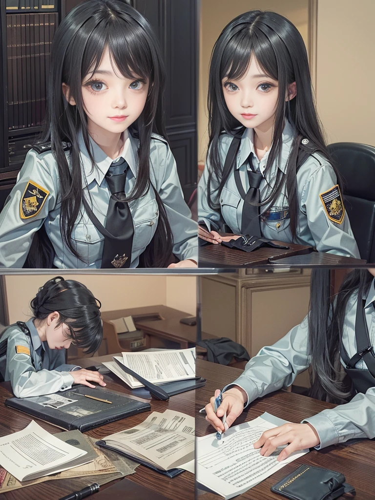 Wear black leather gloves on both hands, Upper Body, Black Military Police, Shirt and Tie, Desk facing modern study room in darkness, Head down and smile, Write a letter with a pen, Black long straight hair, Japanese young female high school student (Black leather gloves cover hands)