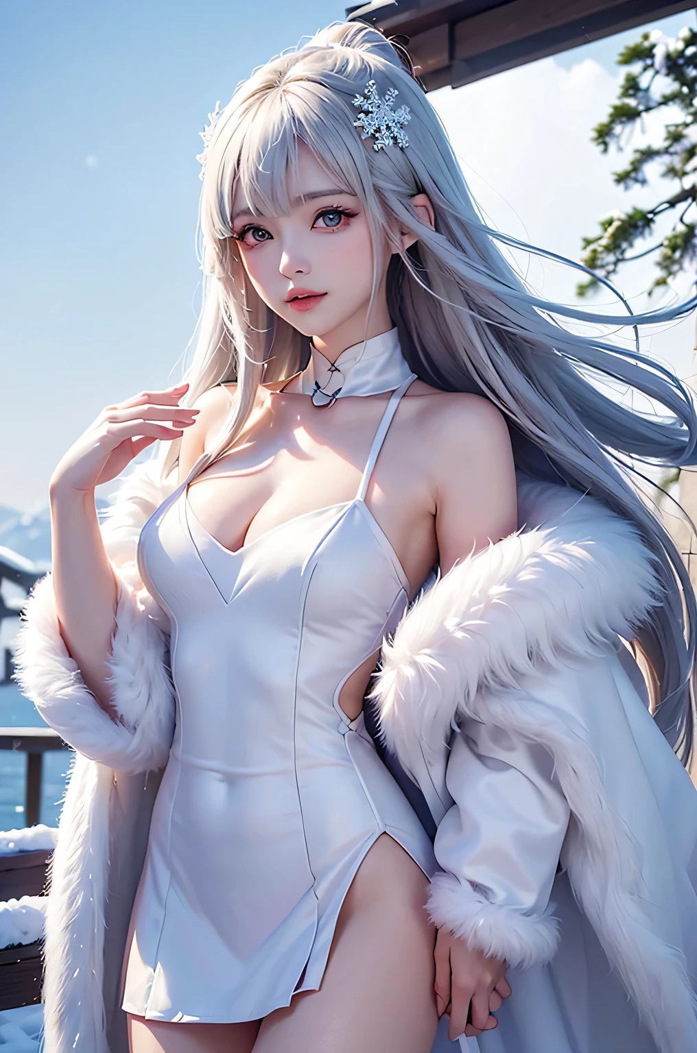 (Close-up)((masterpiece:1.5、8k、Tabletop、Photorealistic and very detailed CG、Very detailed、Particle Effects、Dynamic Effects、Written boundary depth、Cinematic Light、Lens flare、Ray Tracing、Tabletop、Realistic:1.4、超A high resolution、Realistic、Realistic))((alone、,Woman wearing a fur coat over an off-the-shoulder dress:1.4、Elegant woman posing:、Detailed face、brightexpression、young, bright, Whiter skin、medium beauty breasts、Best Looks、Ultimate beauty、White hair with shiny highlights、Bright, shiny, super long straight hair、Hair dancing in the wind))(morning、The setting is outdoors in the snow、Snowflakes flutter)