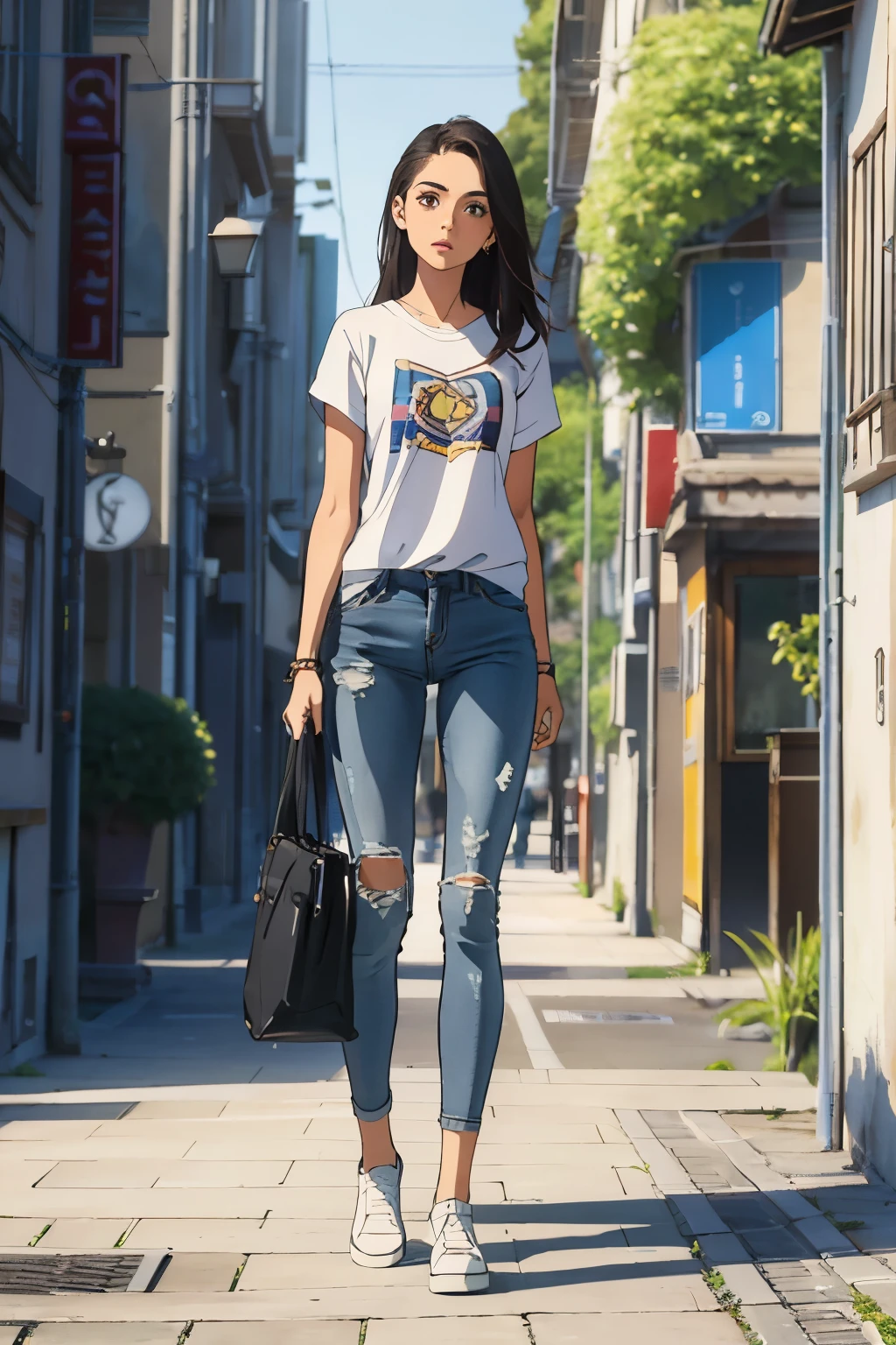 la mejor calidad, cuerpo completo como,cara refinada,20 year old university student,cuerpo delgado,smaller bust,camiseta corta blanca,Pantalones cortos ultra denim sin cintura,escena callejera,Stand tall