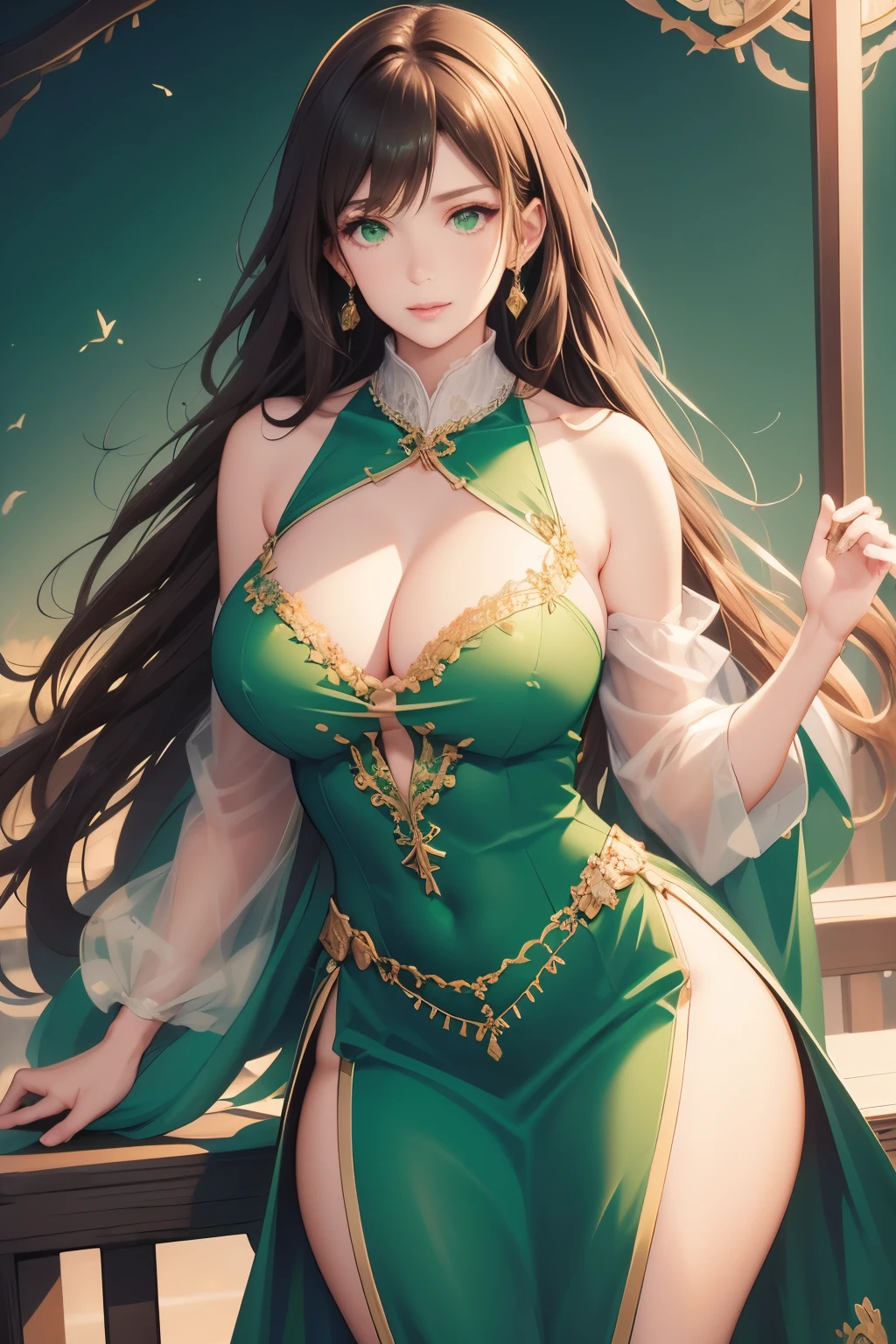 Woman, long brown hair, green eyes, smiling, blue mage dress, cleavage, detailed, masterpiece, wide hips, busty, large thighs, crystal ornaments on clothes, ice mage, short dress, anime style, light armor, crystal circlet, 