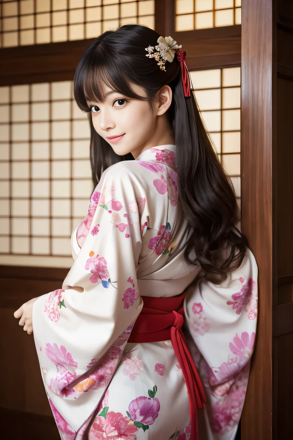 Best-quality, Masterpiece, Ultra-High-Resolution, (Photorealistic:1.4), Raw-Photo, 1girl, the most famous Japanese idol, wearing Japanese-KIMONO, upturned ass that wearing Japanese-KIMONO, looking at viewer, innocent-smile, the most cute face, the most beautiful big-eyes, the most beautiful hair, the most beautiful skins, the most beautiful long-eyelashes, the most beautiful lips, the most beautiful hip