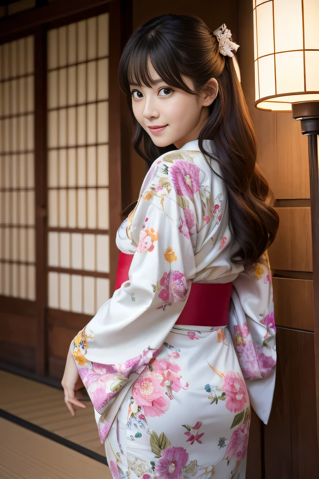 Best-quality, Masterpiece, Ultra-High-Resolution, (Photorealistic:1.4), Raw-Photo, 1girl, the most famous Japanese idol, wearing Japanese-KIMONO, upturned ass that wearing Japanese-KIMONO, looking at viewer, innocent-smile, the most cute face, the most beautiful big-eyes, the most beautiful hair, the most beautiful skins, the most beautiful long-eyelashes, the most beautiful lips, the most beautiful hip