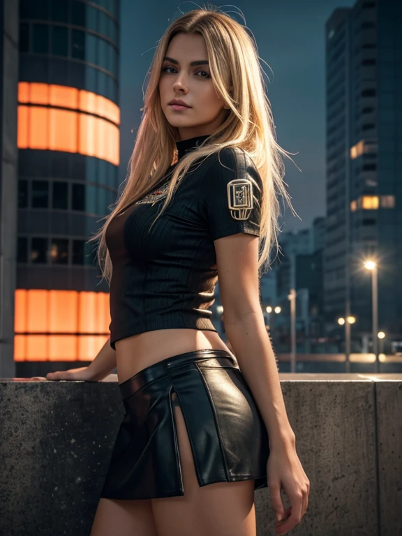 Gorgeous woman with extra long, gewellten blonden Haaren, detailed seductive eyes, langen sexy Beinen, wears a mini skirt, T-Shirt, ((detailed facial features)), (fein detaillierte Haut), blasse Haut, realistische Hauttextur, extreme Hautdetails, (Poren: 0,1), in the background beautiful futuristic cyberpunk city, Masterpiece of the best quality, fotorealistisch, hyperrealistisch, detailliert, 8k, HDR, (Weiche Farbe: 1,2), light depth of field, breites Licht, hoher Kontrast, Hintergrundbeleuchtung, Bloom, Lichtfunkeln, chromatische Aberration, scharfer Fokus, RAW-Farbfoto