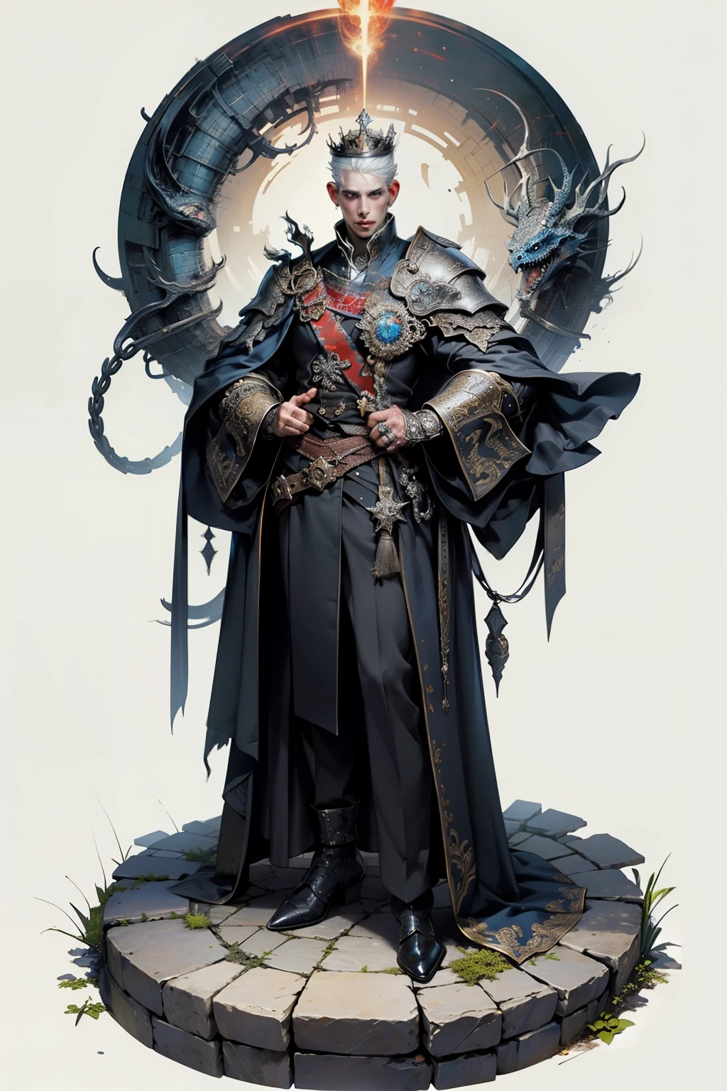 ((best quality)), ((masterpiece)), (detailed), perfect face, a young man wearing a large glorious crown with a huge ethereal cosmic crown looming above him, a knight, white background, plain background, Bloodborne inspired, Bloodborne attire, occult aesthetic, occult, red and white clothing detailed and intricate steampunk and detailed gothic, diadems, long coat, Complex laced boots, Silver hair swaying in the wind, white background, Very dramatic and cinematic lighting, full body, whole body, body, cosmic horror, grim dark, crown mandala
