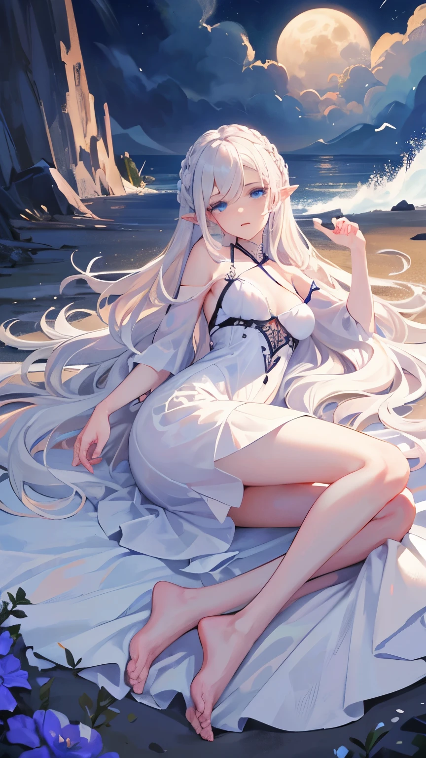 （Hand optimization），（Details are strengthened），（High Picture Quality）,RAW photo , insanely detailed, highest quality, high resolution, solo,break、(contrast:1), full body、 Seen from directly above, lying in a field of flowers, back on the floor、Seductive pose、blue eyes、 (((white hair Beach waves hairstyle ))), (cosmetics), White effect,  ((night)) 、 break、Vampire Castle, detailed background,, moon、 break、Antonio Riva dress:1.1,dress made of slightly transparent fabric:1.3、(extremely intricate:1.2), high fantasy, beautiful face, pointy ears, break,background, monochrome, greyscale, barefoot, break、outdoor