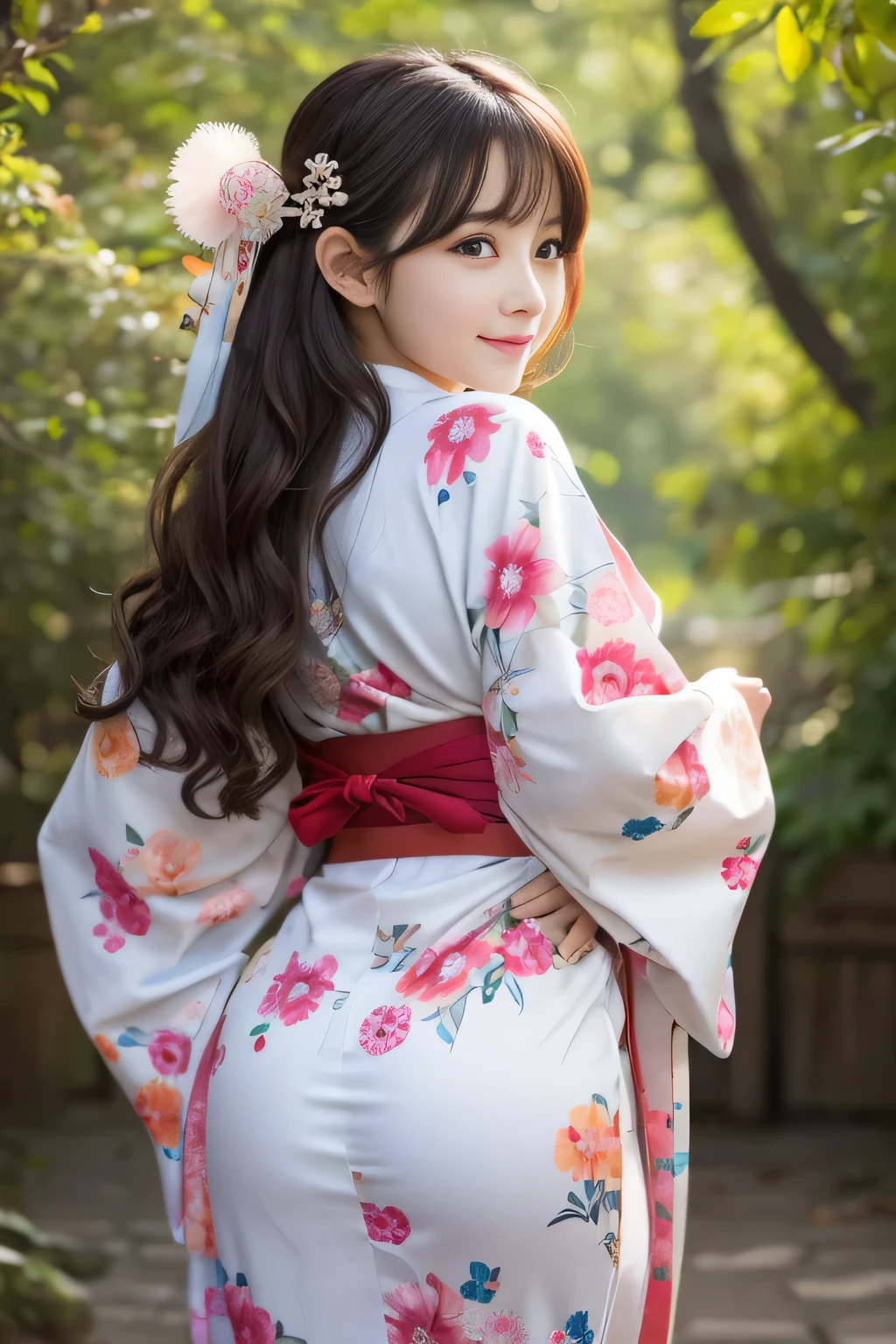 Best-quality, Masterpiece, Ultra-High-Resolution, (Photorealistic:1.4), Raw-Photo, 1girl, the most famous Japanese idol, wearing Japanese-KIMONO, upturned ass that wearing Japanese-KIMONO, looking at viewer, innocent-smile, the most cute face, the most beautiful big-eyes, the most beautiful hair, the most beautiful skins, the most beautiful long-eyelashes, the most beautiful lips, the most beautiful hip