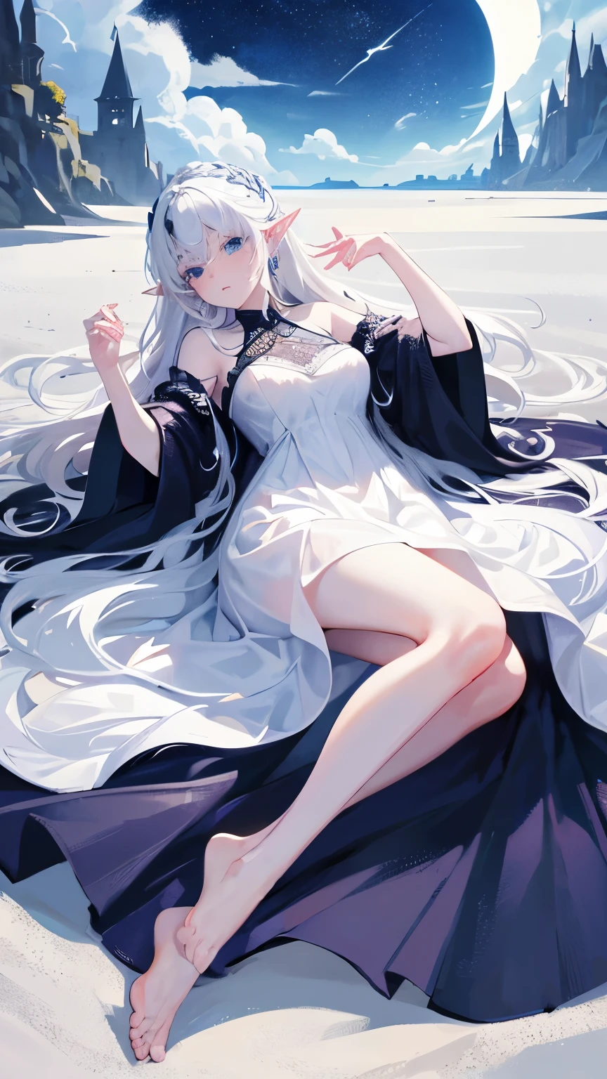 （Hand optimization），（Details are strengthened），（High Picture Quality）,RAW photo , insanely detailed, highest quality, high resolution, solo,break、(contrast:1), full body、 Seen from directly above, lying in a field of flowers, back on the floor、Seductive pose、blue eyes、 (((white hair Beach waves hairstyle ))), (cosmetics), White effect,  ((night)) 、 break、Vampire Castle, detailed background,, moon、 break、Antonio Riva dress:1.1,dress made of slightly transparent fabric:1.3、(extremely intricate:1.2), high fantasy, beautiful face, pointy ears, break,background, monochrome, greyscale, barefoot, break、outdoor