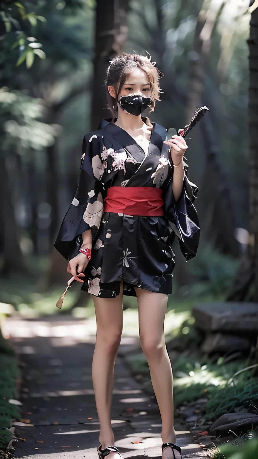 (A female ninja standing in the forest at night)、(Realistic、Like a photograph、Live Action、8k, Photorealistic, RAW Photos, Best image quality: 1.4), Single-lens reflex camera、RAW Photos, highest quality, Realistic, Highly detailed CG Unity 8k wallpaper, Written boundary depth, Cinematic Light, Lens flare, Ray Tracing, Realistic background、((waso:1.5、kimono、ninjya:1.3、kunoichi:1.4)、Sexy Ninja:1.37、Get into a fighting stance:1.3、Ninjutsu activation:1.2、Trained abdominal muscles、Cleavage、Big Breasts)、Grey Hair、short hair、Standing in the forest、Night Village、((Ultra-dense skin))、 1 girl,Cute Kunoichi、((whole body:1.5),Looking at the audience:1.1、Glare、I like that style、Pay attention to the details、The perfect outfit、(White skin)、An accurate portrait、Accurate Arm、Accurate feet、Beautiful legs、Precise thighs、View from the front