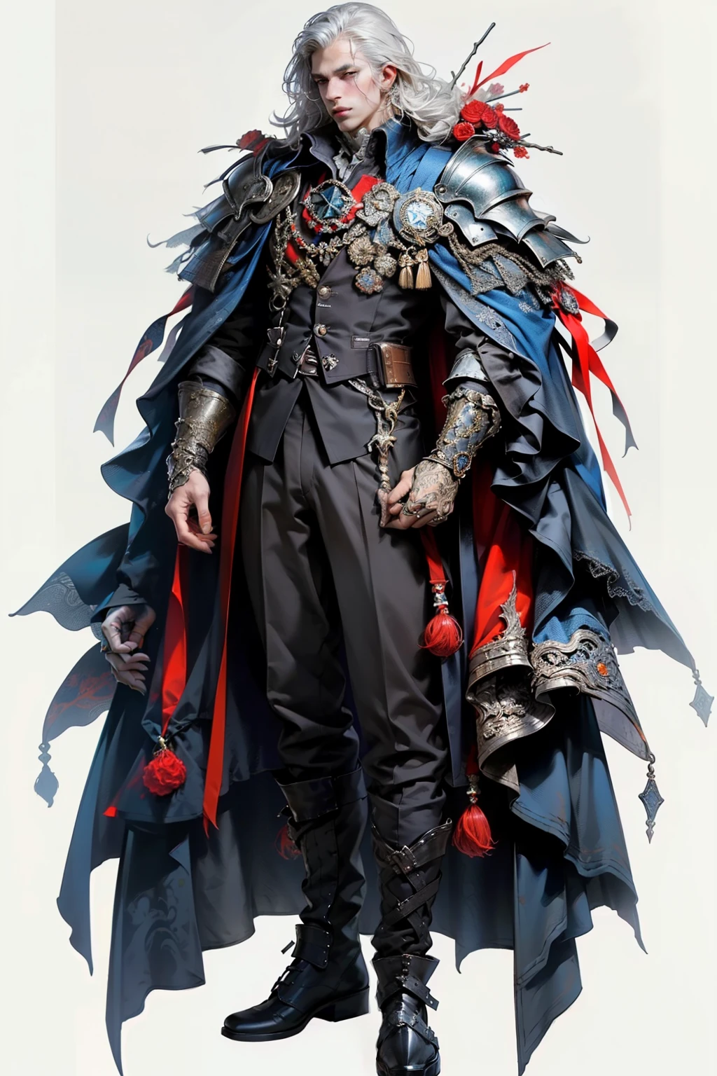 ((best quality)), ((masterpiece)), (detailed), perfect face, a young man wearing a large glorious crown with a huge ethereal cosmic crown looming above him, a knight, white background, plain background, Bloodborne inspired, Bloodborne attire, occult aesthetic, occult, red and white clothing detailed and intricate steampunk and detailed gothic, diadems, long coat, Complex laced boots, Silver hair swaying in the wind, white background, Very dramatic and cinematic lighting, full body, whole body, body, cosmic horror, grim dark, crown mandala