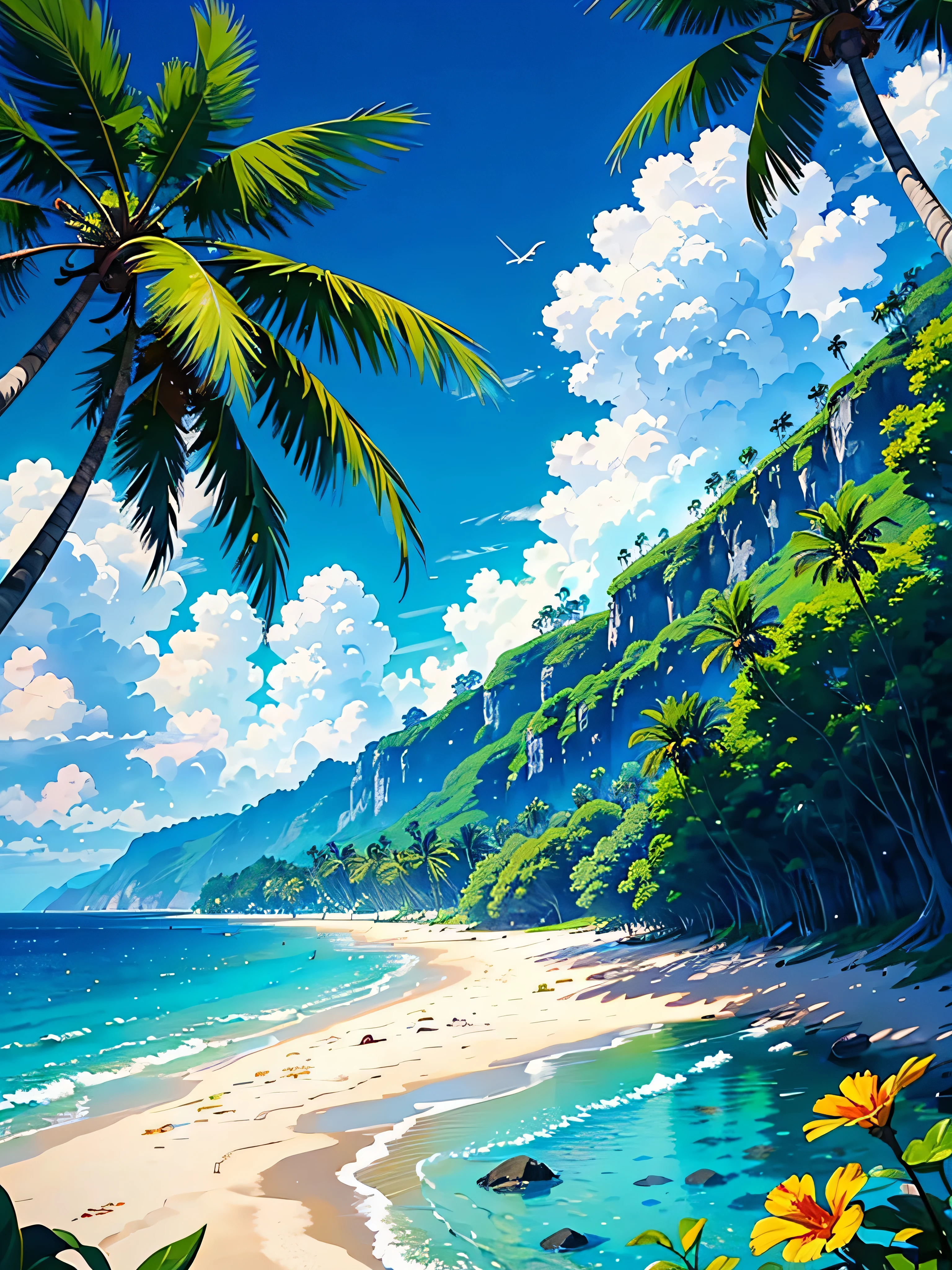 (highest quality, masterpiece, High resolution)、((anime art))、((There are no people))、 (Beautiful tropical beach landscape photography)、cinematic light、particles of light、tropical、(flowers on the beach)、Palm tree、on a sunny beach、sandy beach、beach、Ocean、island、 (blue sky and white clouds)、squall、(rainbow)、coconut tree