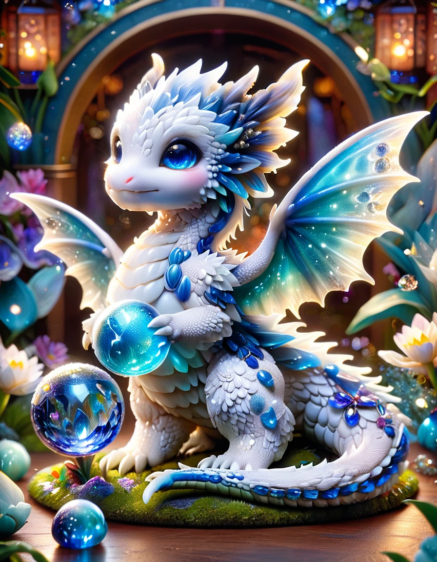 absurdres, highres, ultra detailed, HDR) master piece, best quality, white small dragon, jewelry, crystal ball, magical fantasy, blue butterflies, glittering, sparkling, blue lilies, petals, radiant