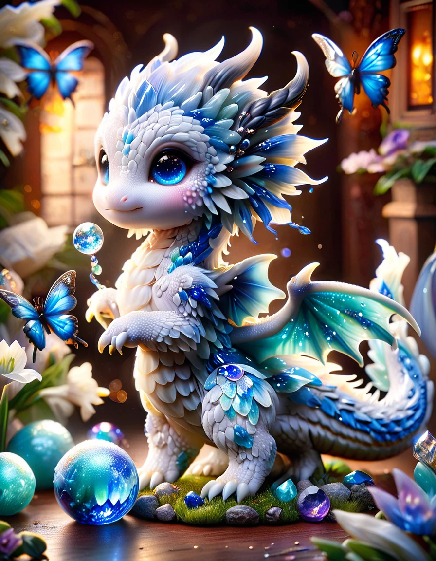 absurdres, highres, ultra detailed, HDR) master piece, best quality, white small dragon, jewelry, crystal ball, magical fantasy, blue butterflies, glittering, sparkling, blue lilies, petals, radiant