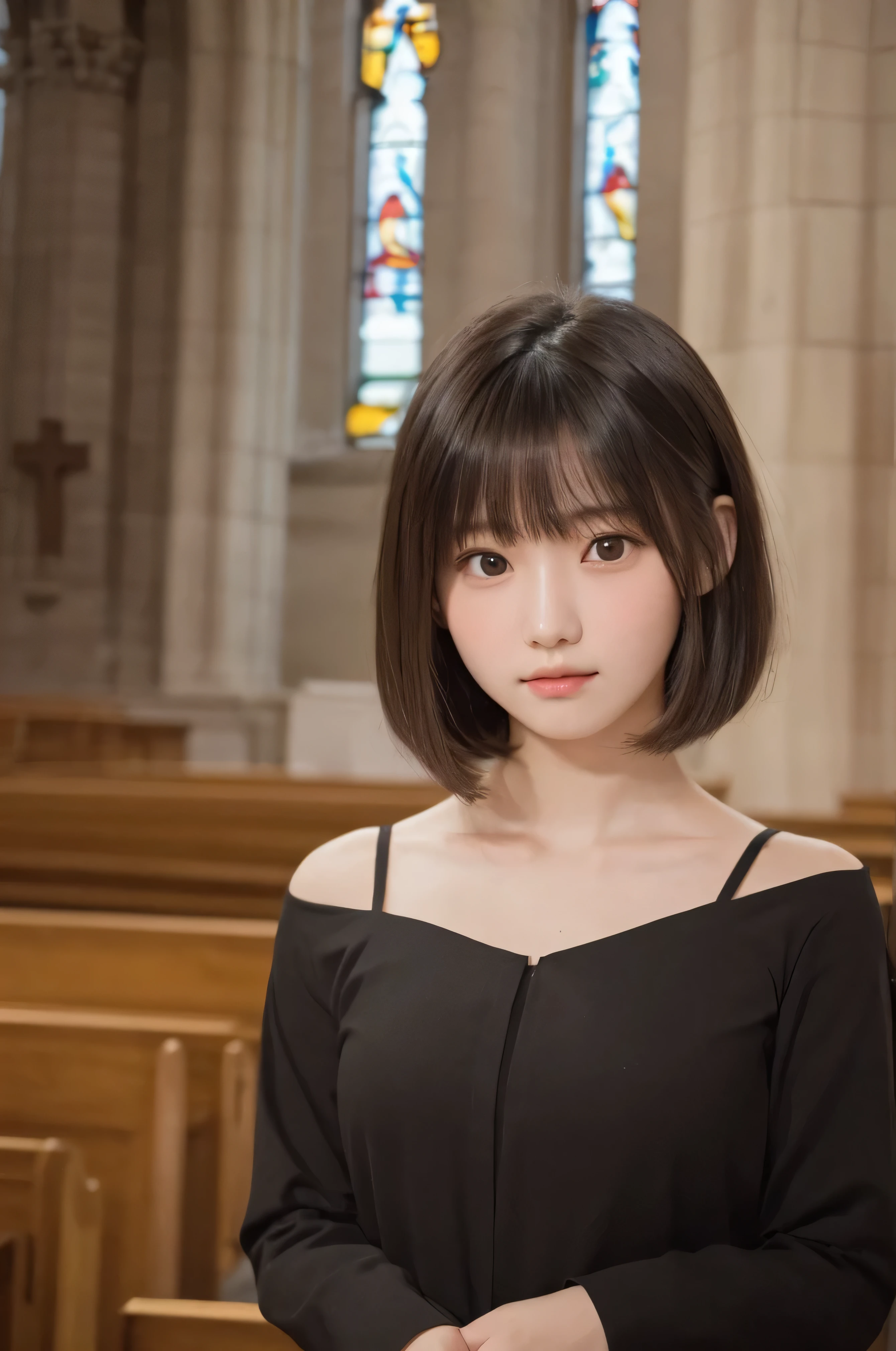 masterpiece, highest quality, One Girl, (Beautiful girl, Delicate girl:1.3), (15 years old:1.3), Very fine grain definition, (Symmetrical eyes:1.3), (Inside the church, younger sister, Pray to God:1.3), Small breasts, Brown eyes, Parted bangs, Black Hair